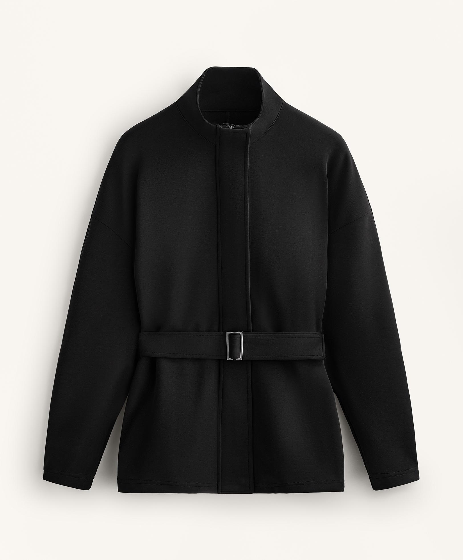 Long belted jacket with brushed modal — BLACK