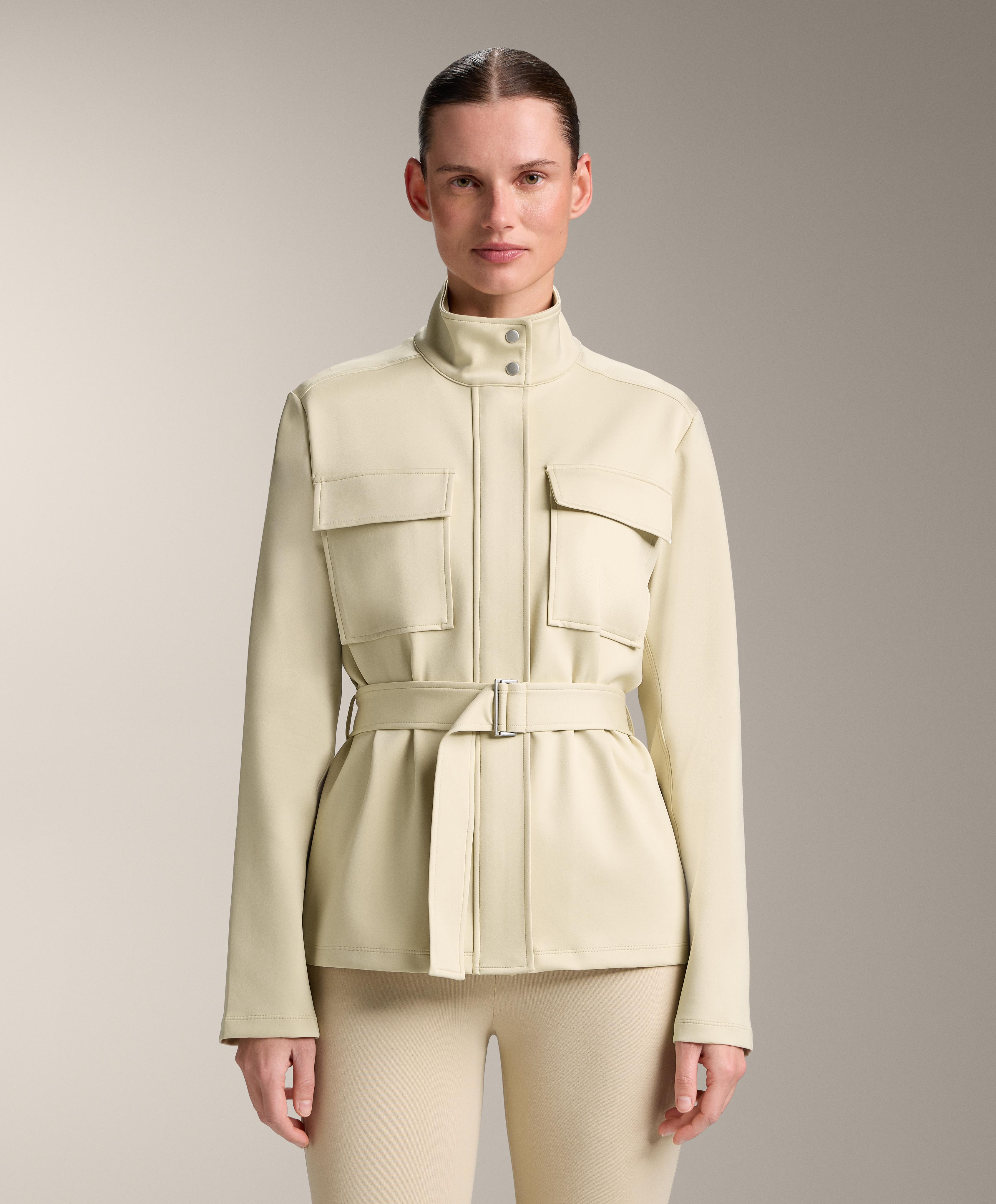 Neoprene-effect jacket with belt — PALE BEIGE MELANGE
