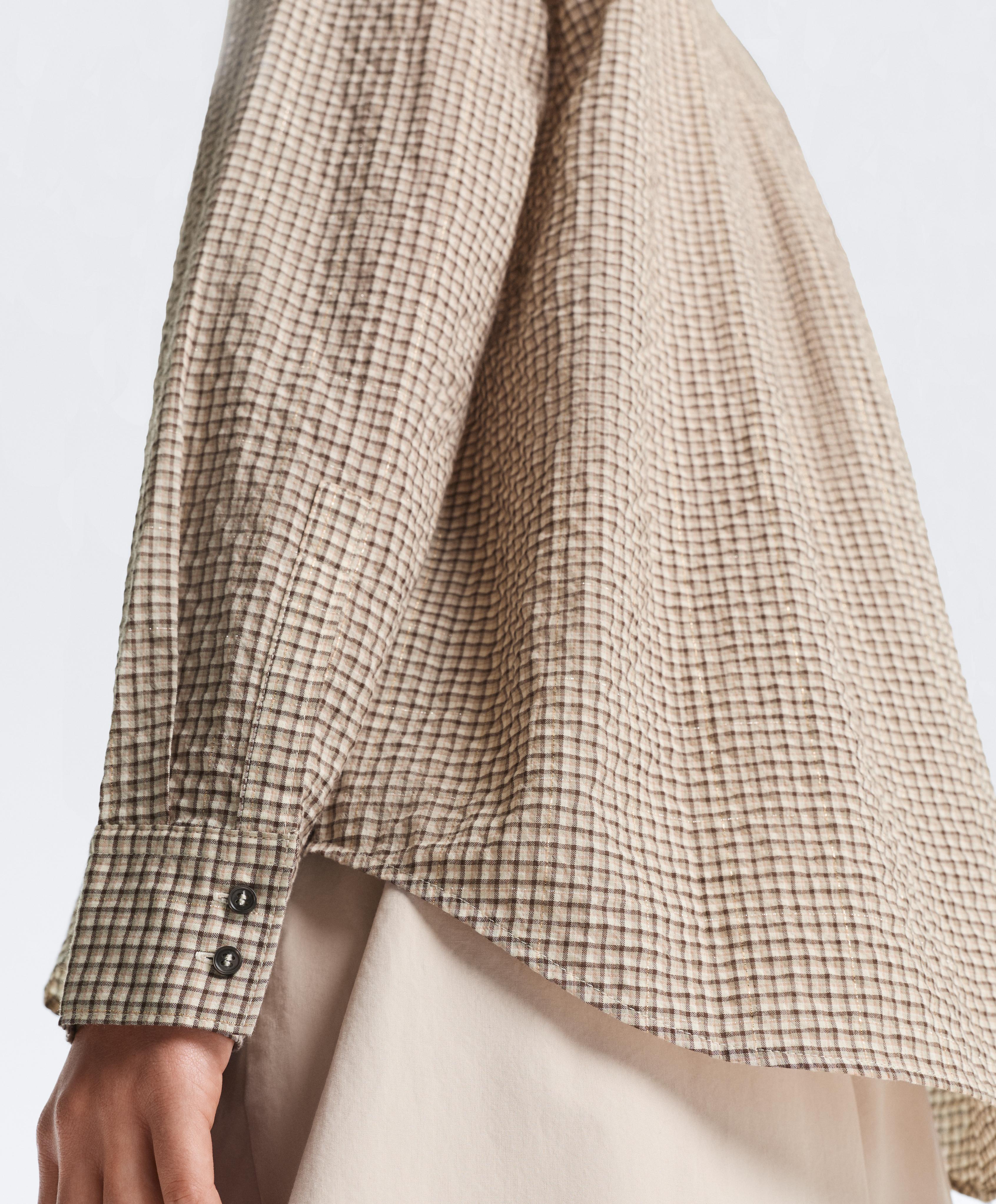 Check cotton blend stand-up collar shirt — BEIGE