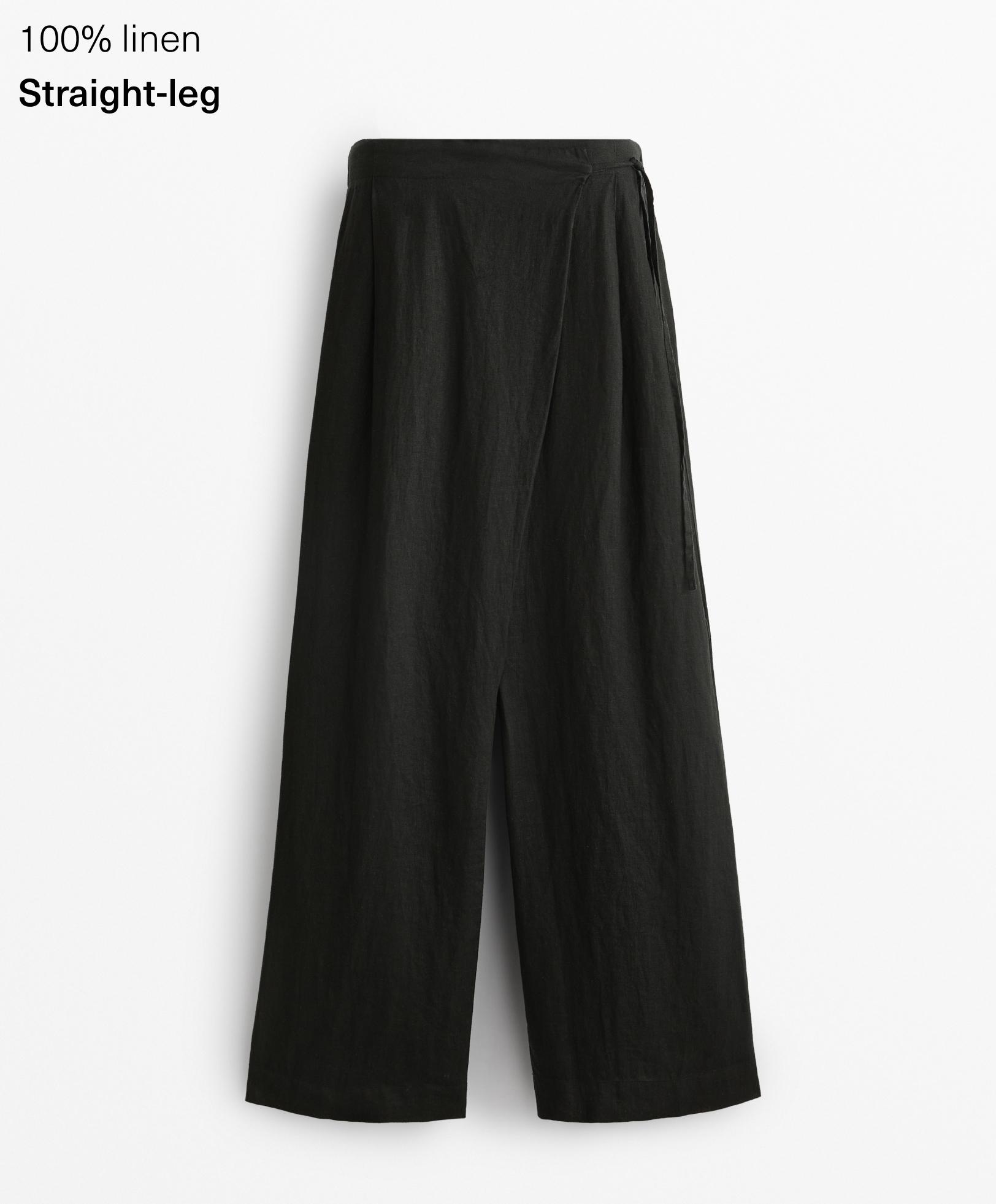 100% linen wide straight-leg trousers with crossover sarong-style wrap 100% linen wide straight-leg trousers with crossover sarong-style wrap