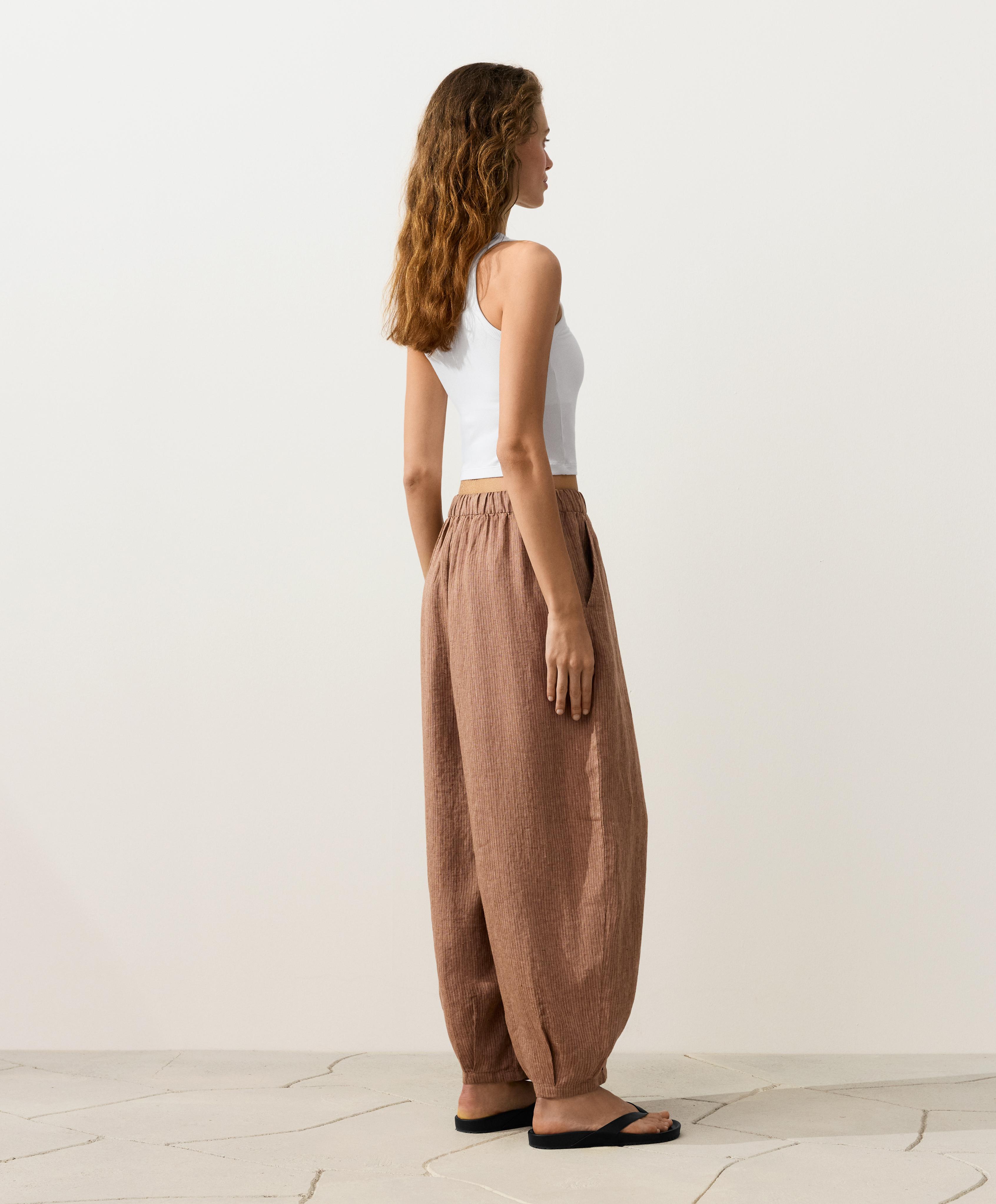 100% linen striped balloon trousers — TAN MELANGE