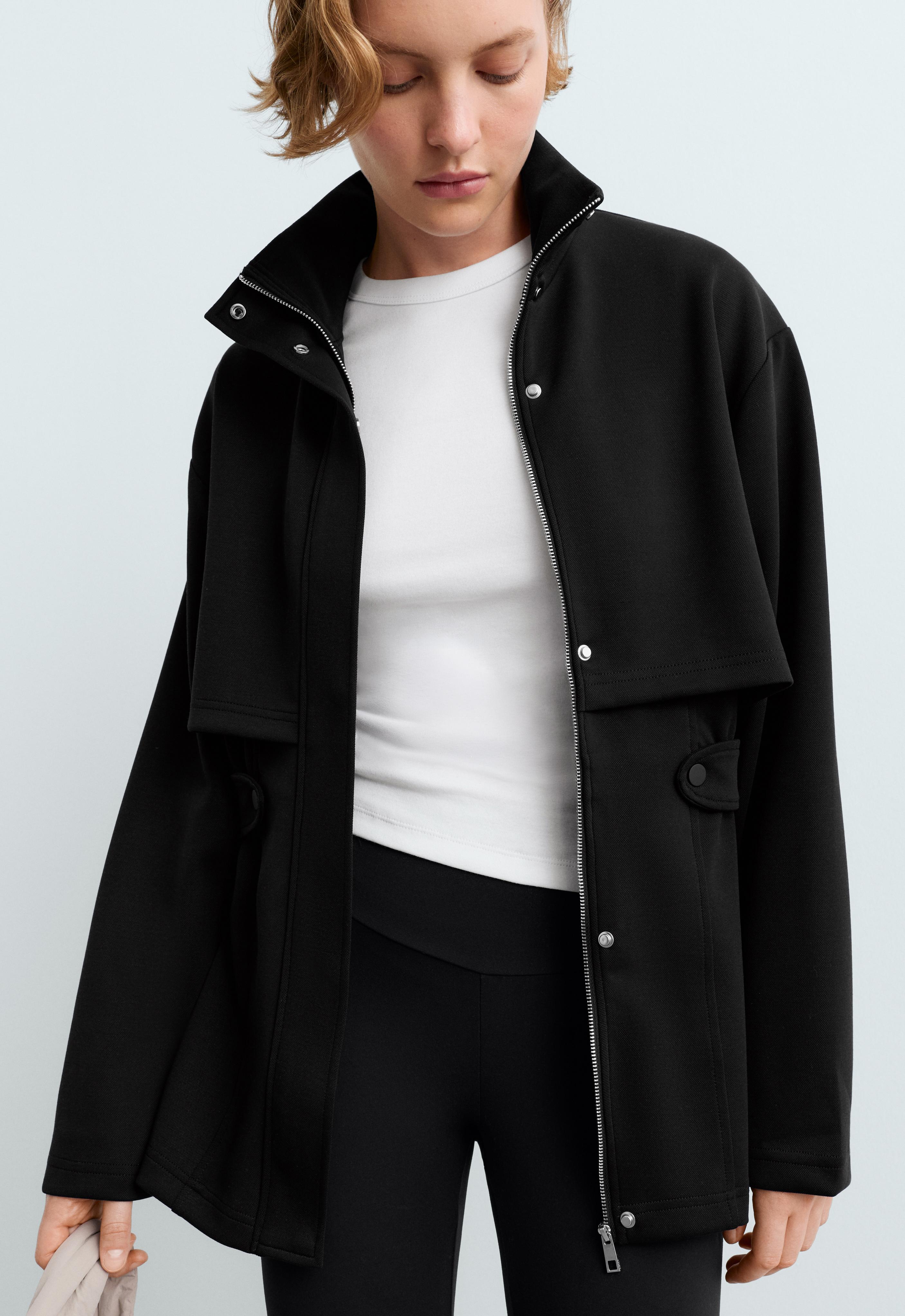 Long piqué jacket with belt Long piqué jacket with belt