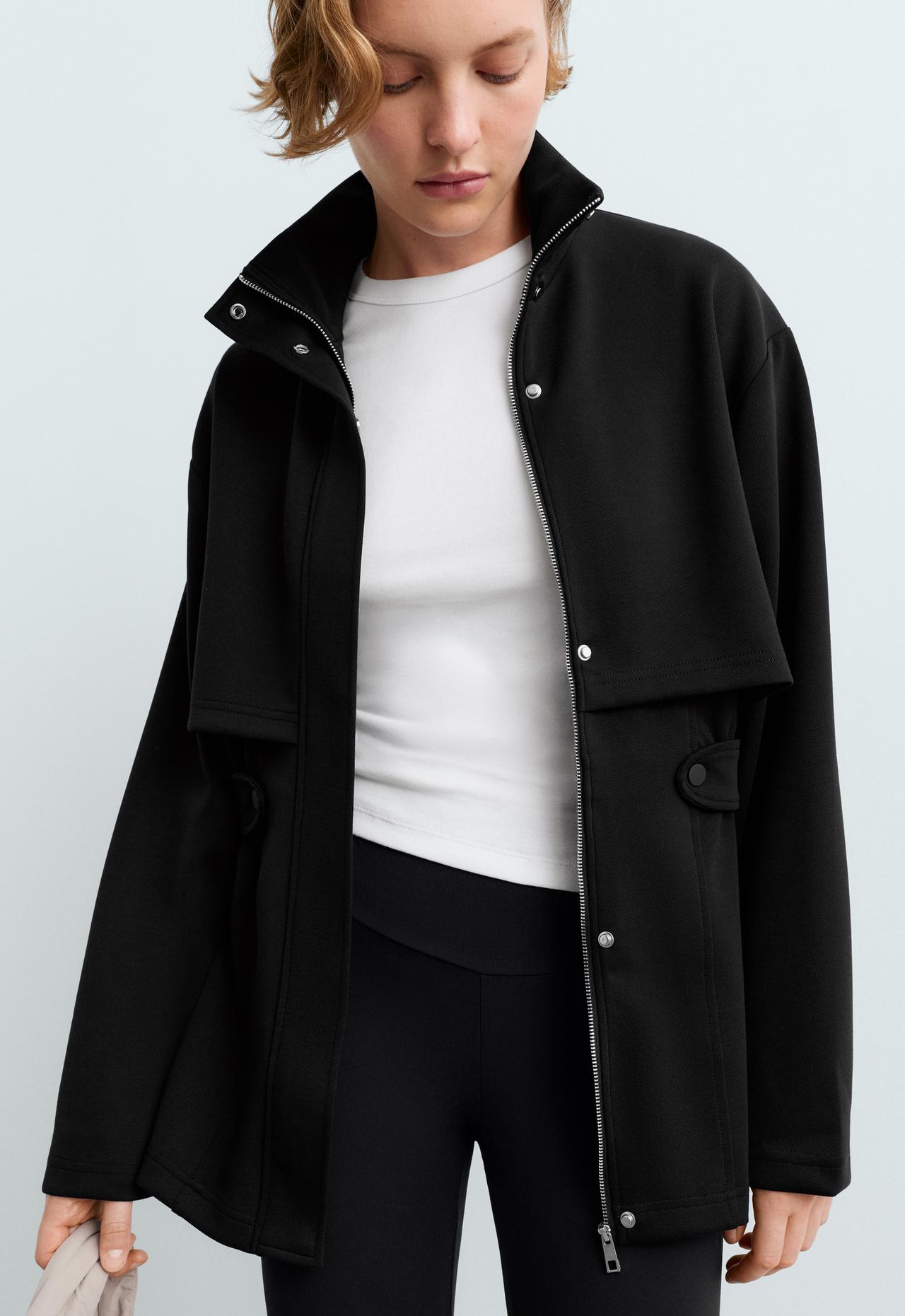 Long piqué jacket with belt — BLACK