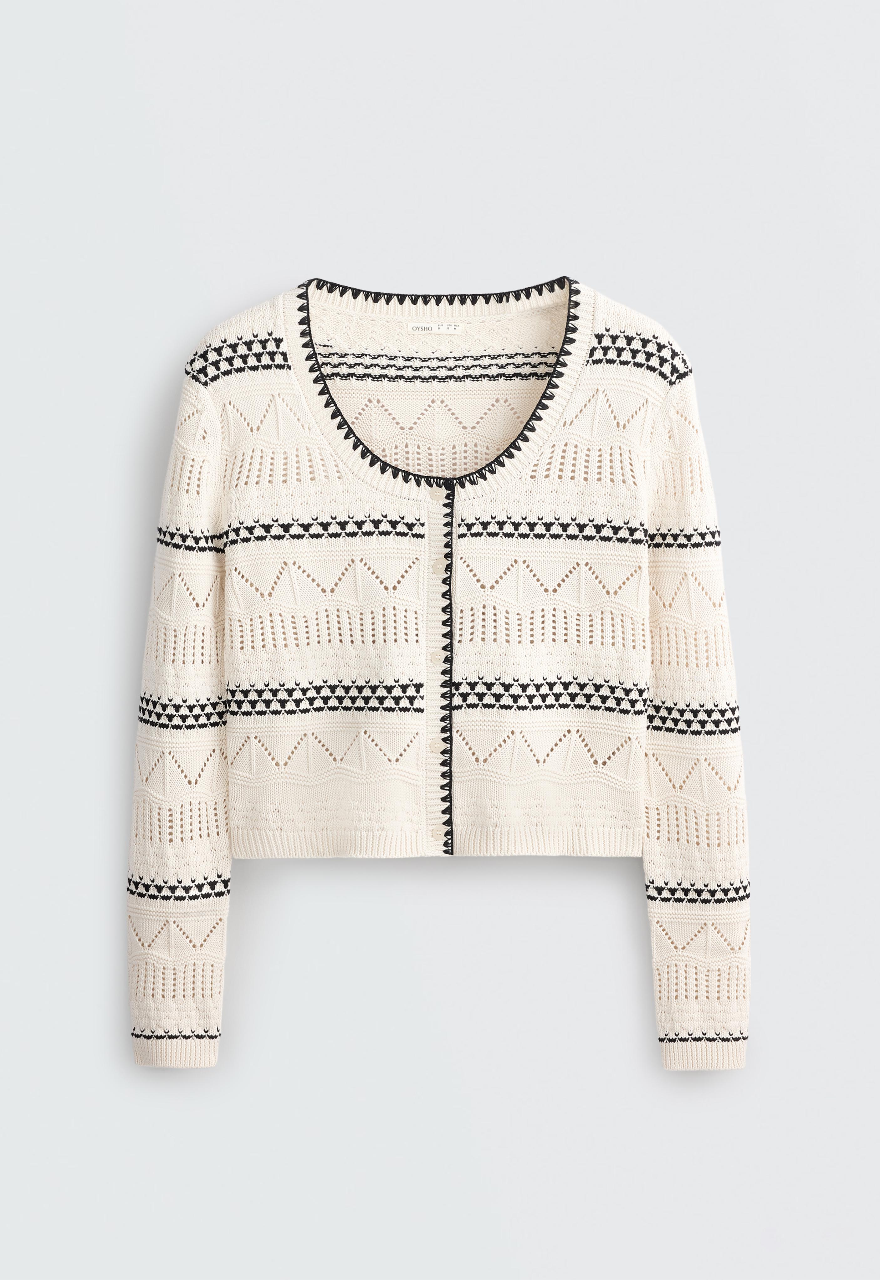 100% cotton contrast open-knit cardigan — PALE ECRU