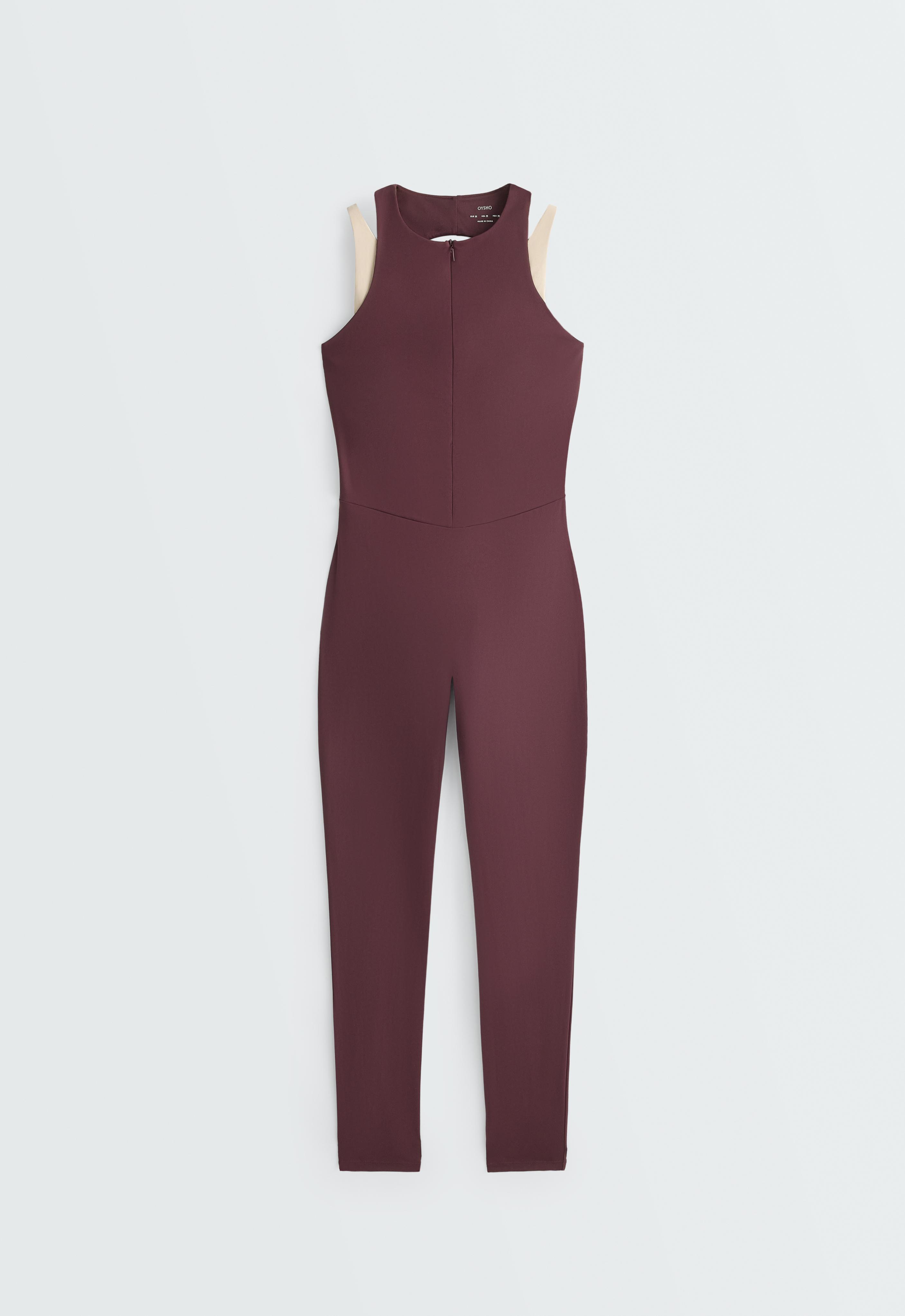 Comfortlux long jumpsuit with contrast overlay — PLUM