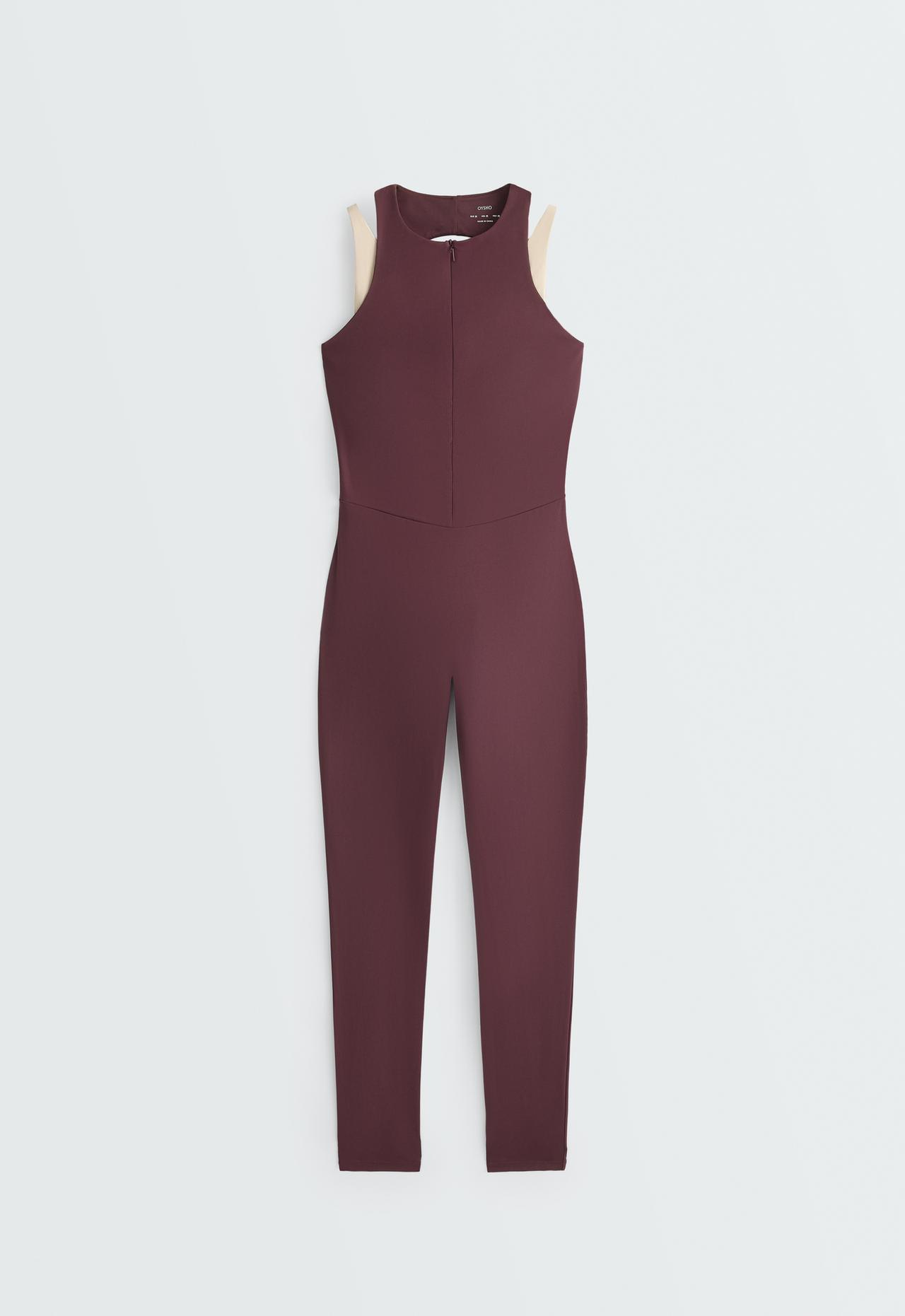 Comfortlux long jumpsuit with contrast overlay — PLUM