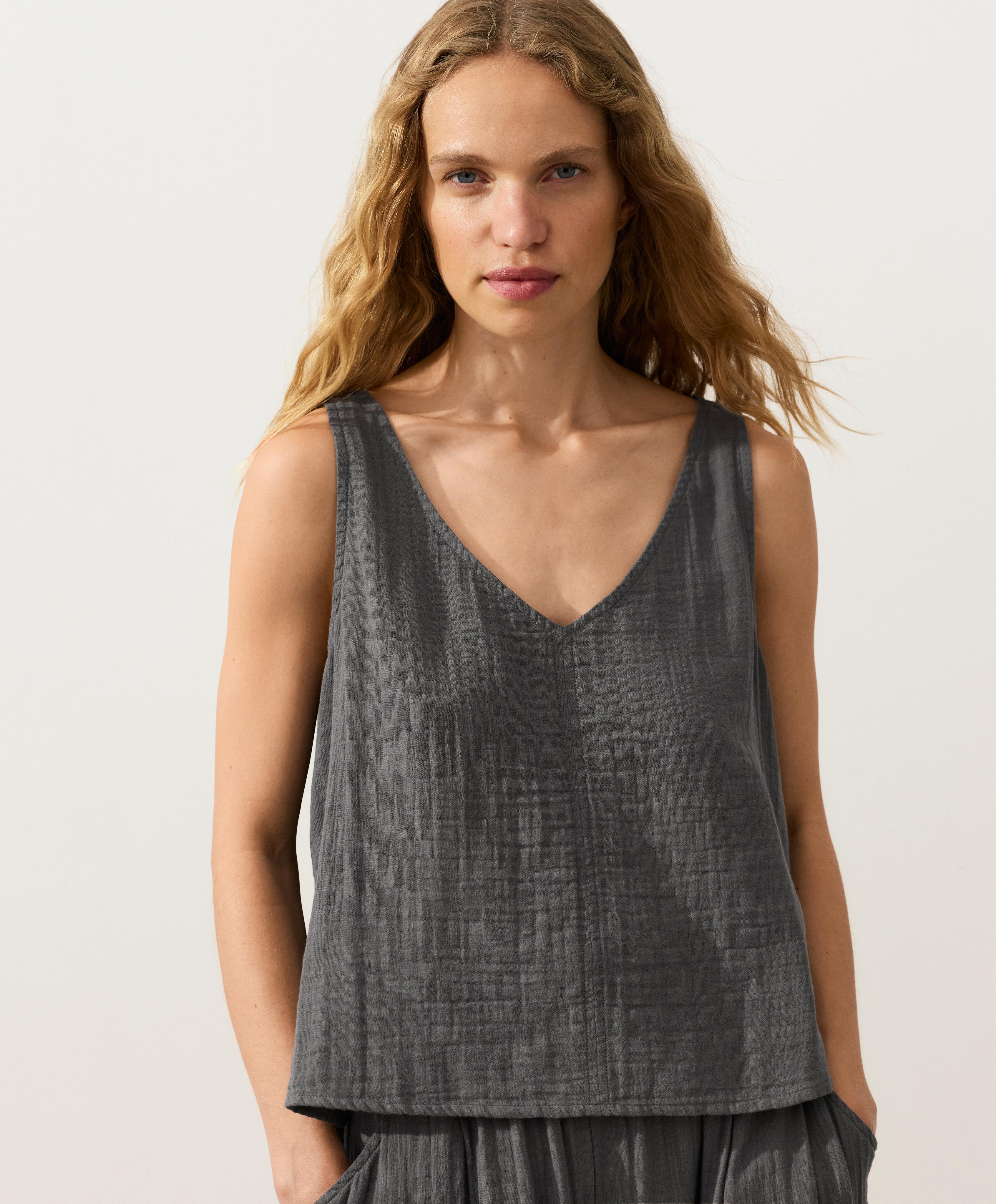 100% cotton gauze V-neck strappy top — ASPHALT