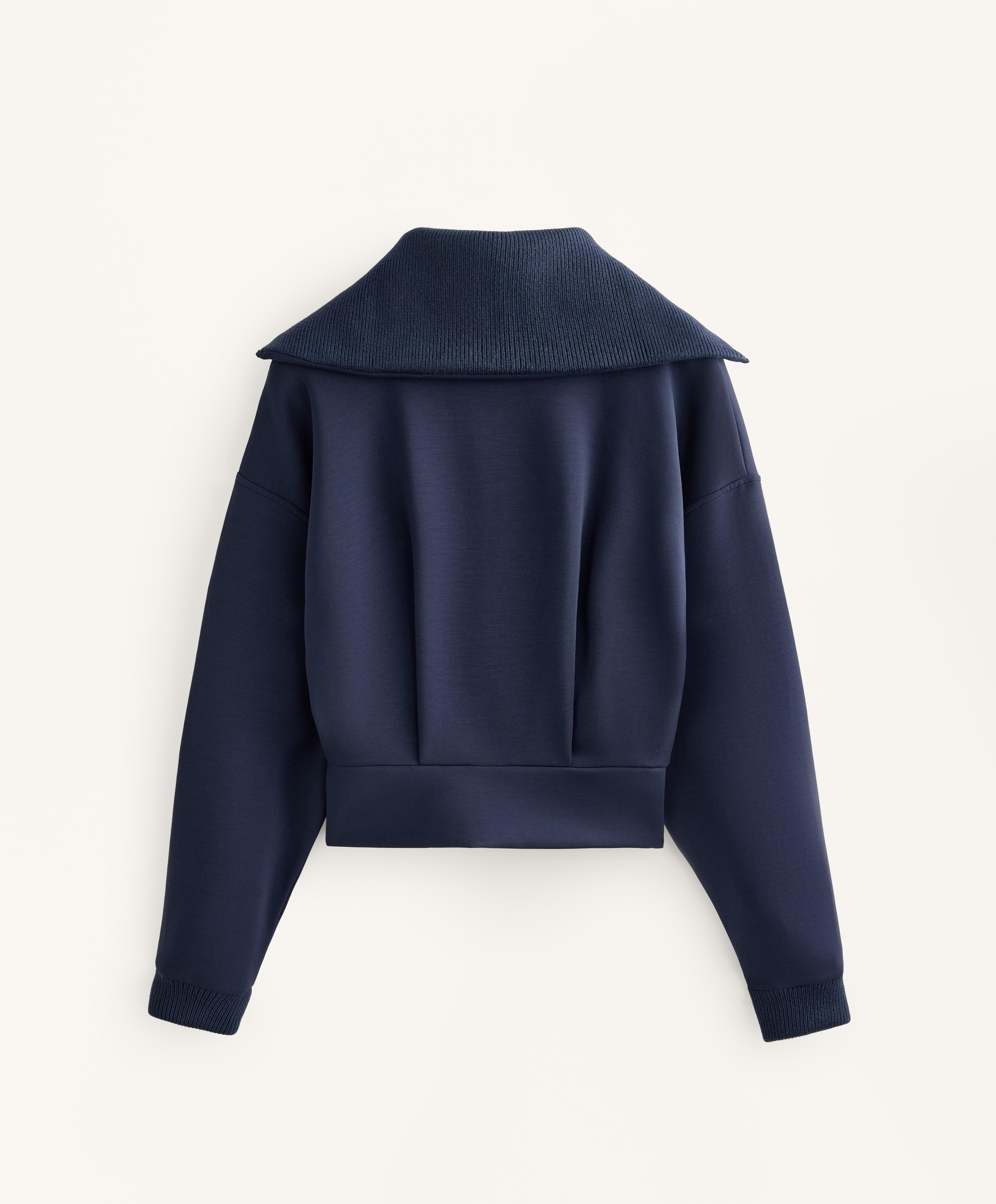 Fitted waist knit collar jacket with brushed modal — NAVY BLUE