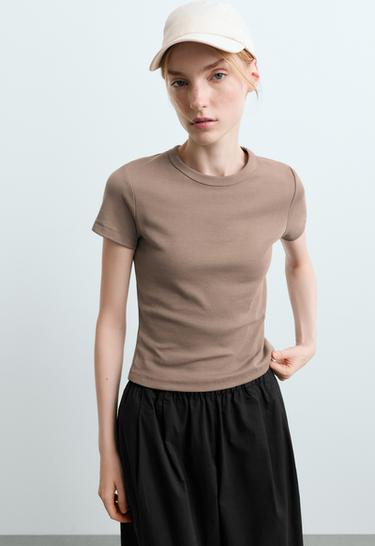Fitted short-sleeved cotton blend rib T-shirt — DARK MINK 2