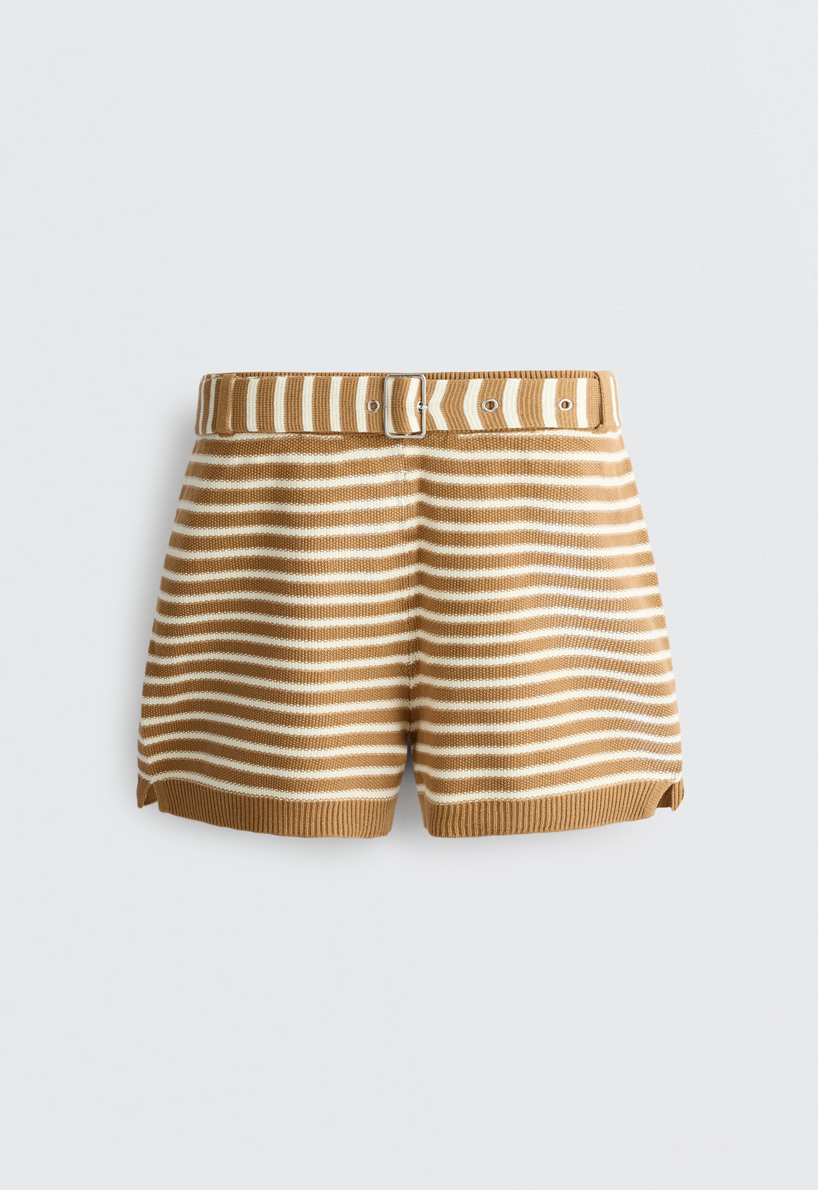 100% cotton striped knit shorts with belt — PALE ECRU