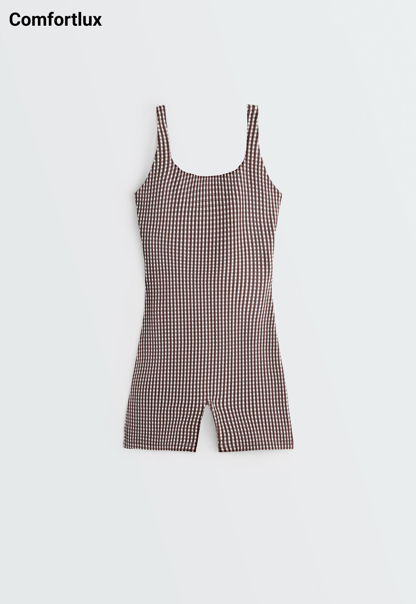 Comfortlux gingham short jumpsuit — DARK REDDISH‑BROWN