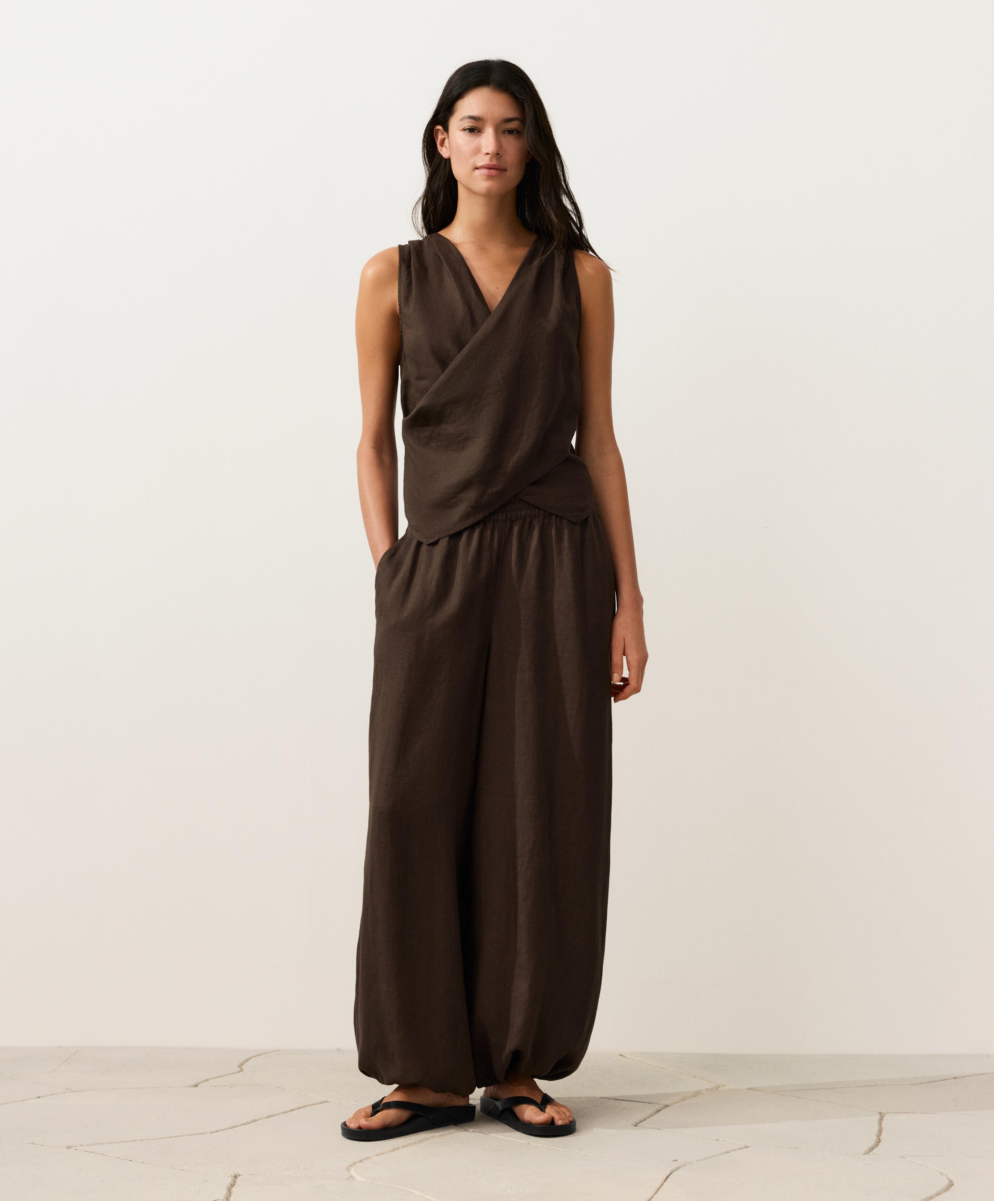 100% linen crossover top — DARK BROWN