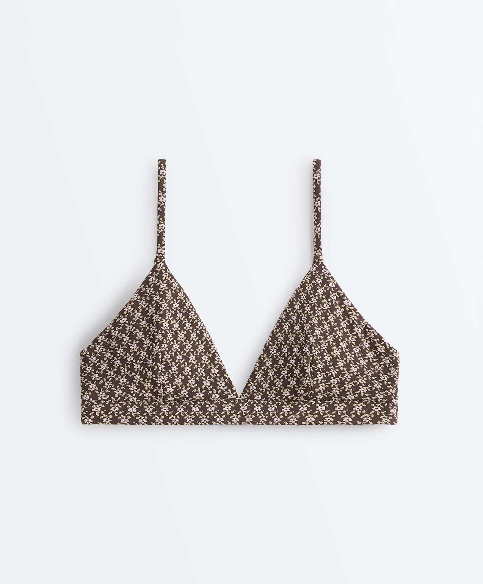 Floral jacquard triangle bikini top — DARK BROWN