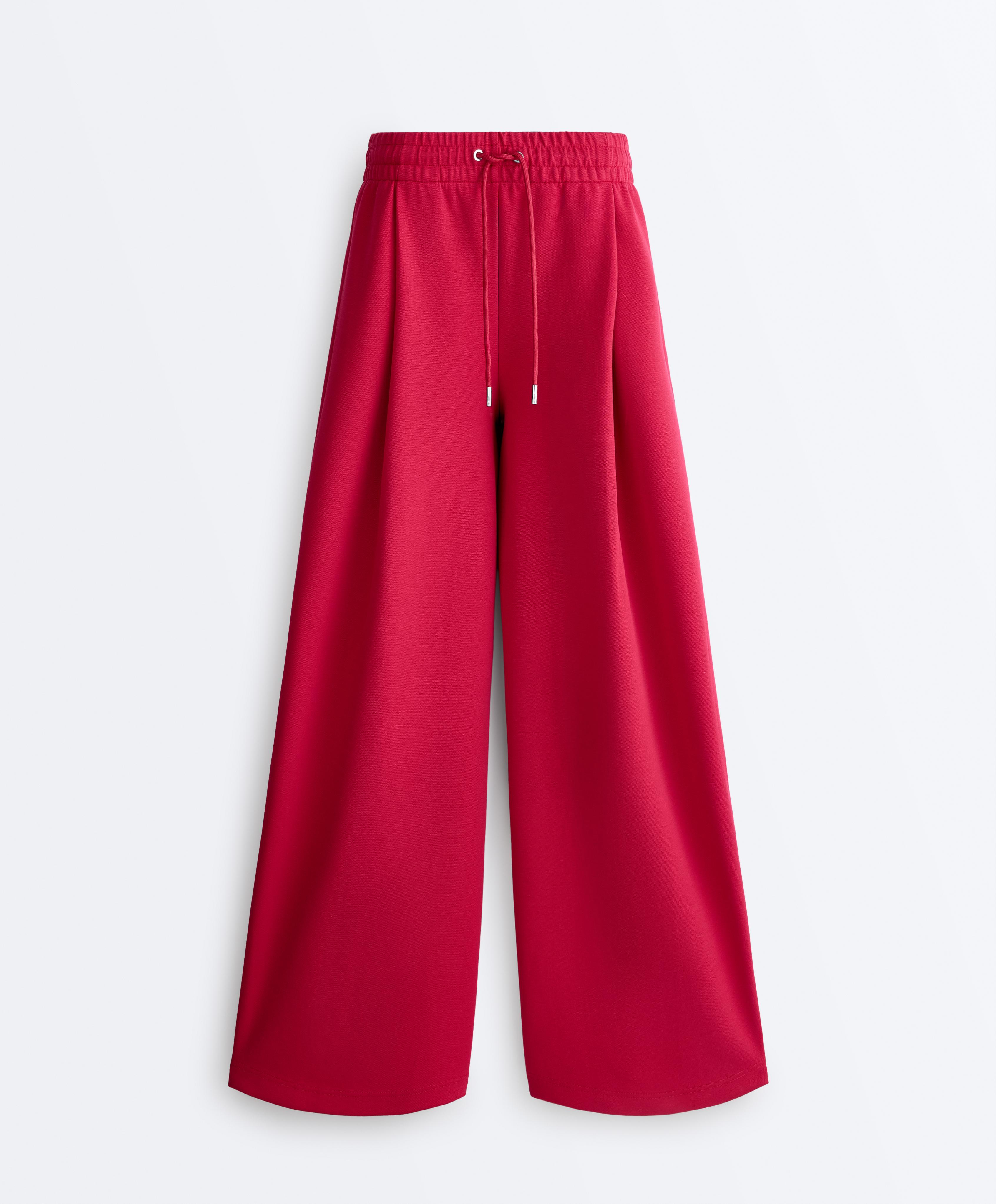 Wide-leg piqué pleat trousers with cotton — RED