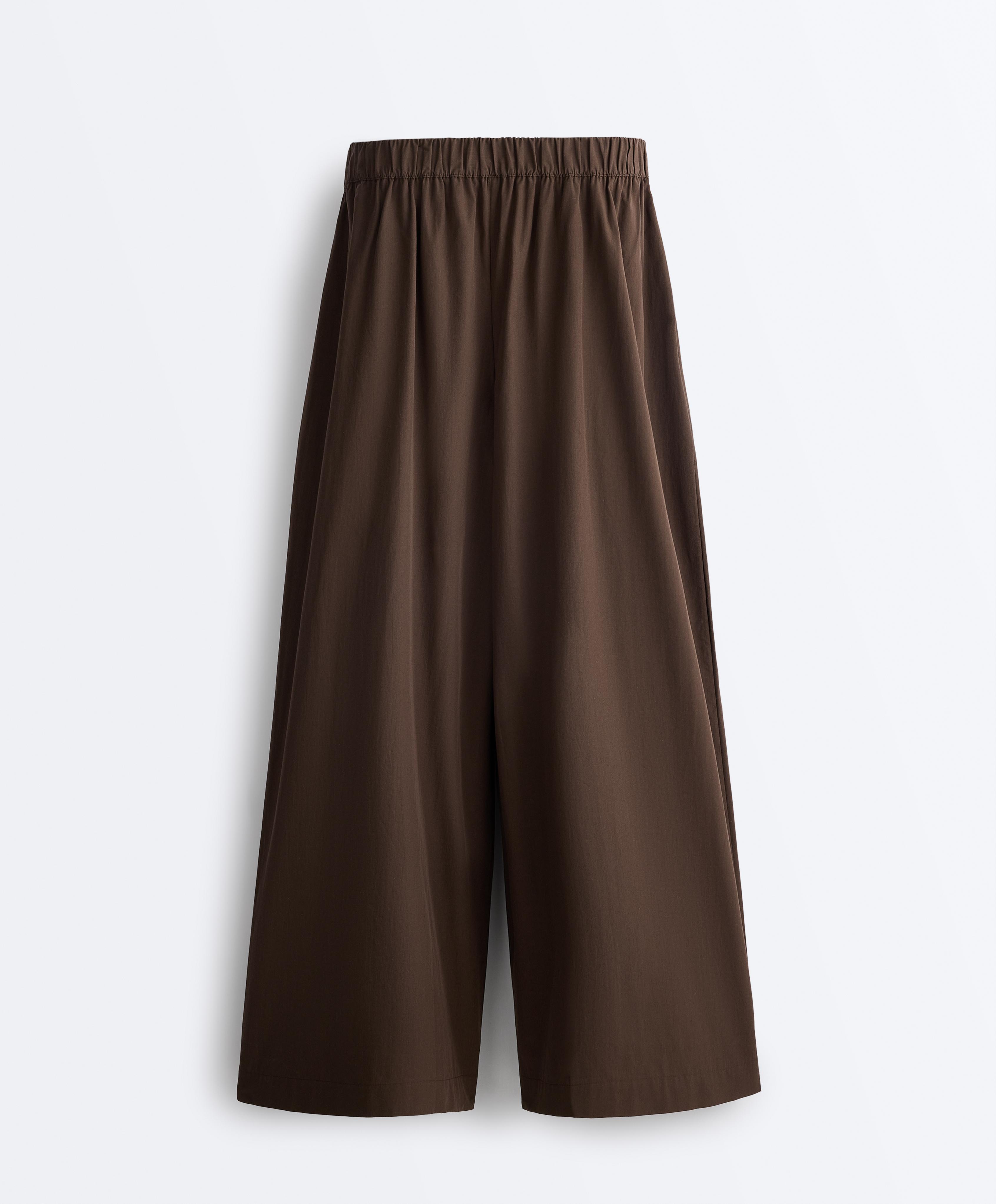 100% cotton poplin wide-leg trousers — DARK BROWN