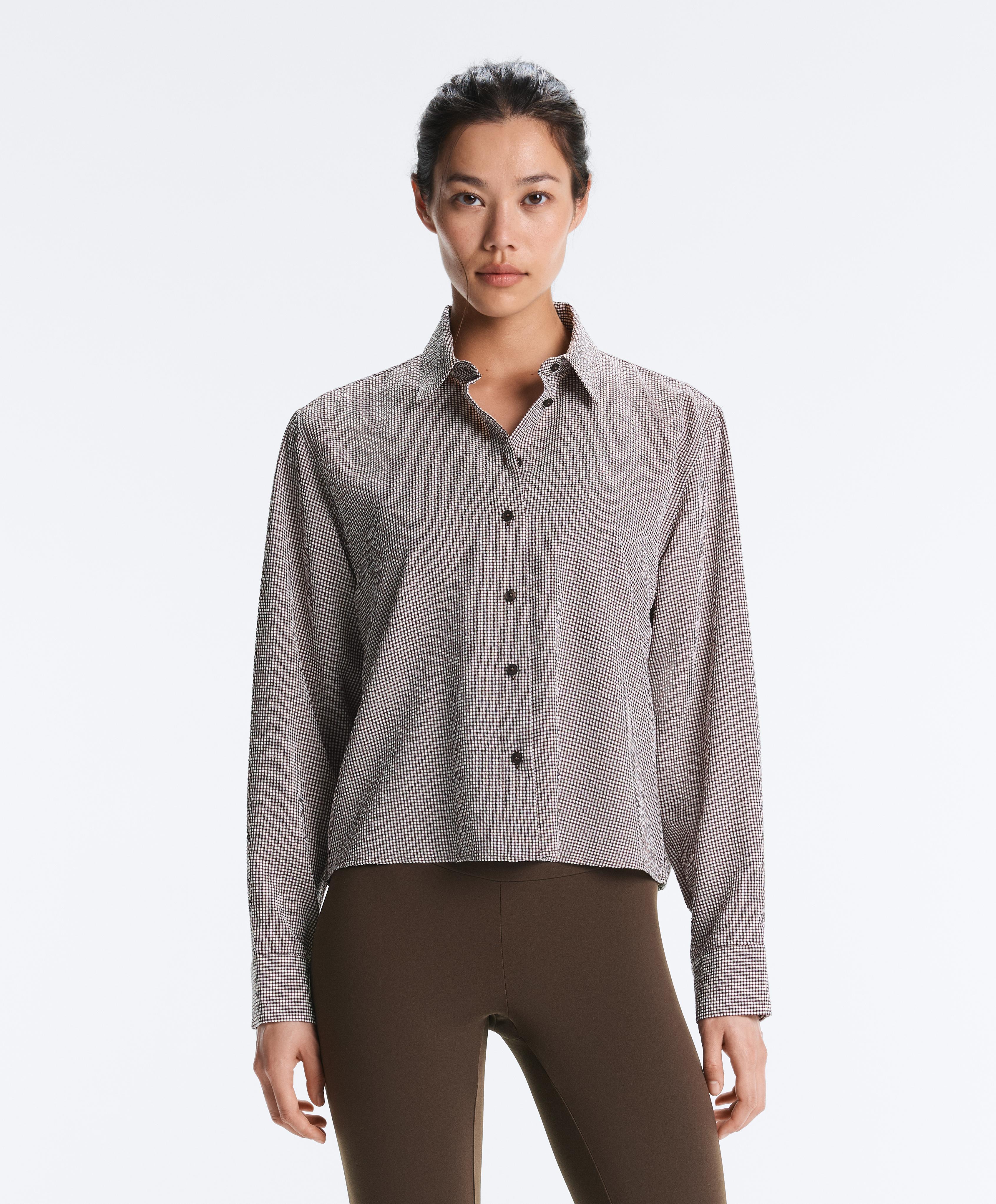 Short gingham lyocell blend shirt — DARK REDDISH‑BROWN