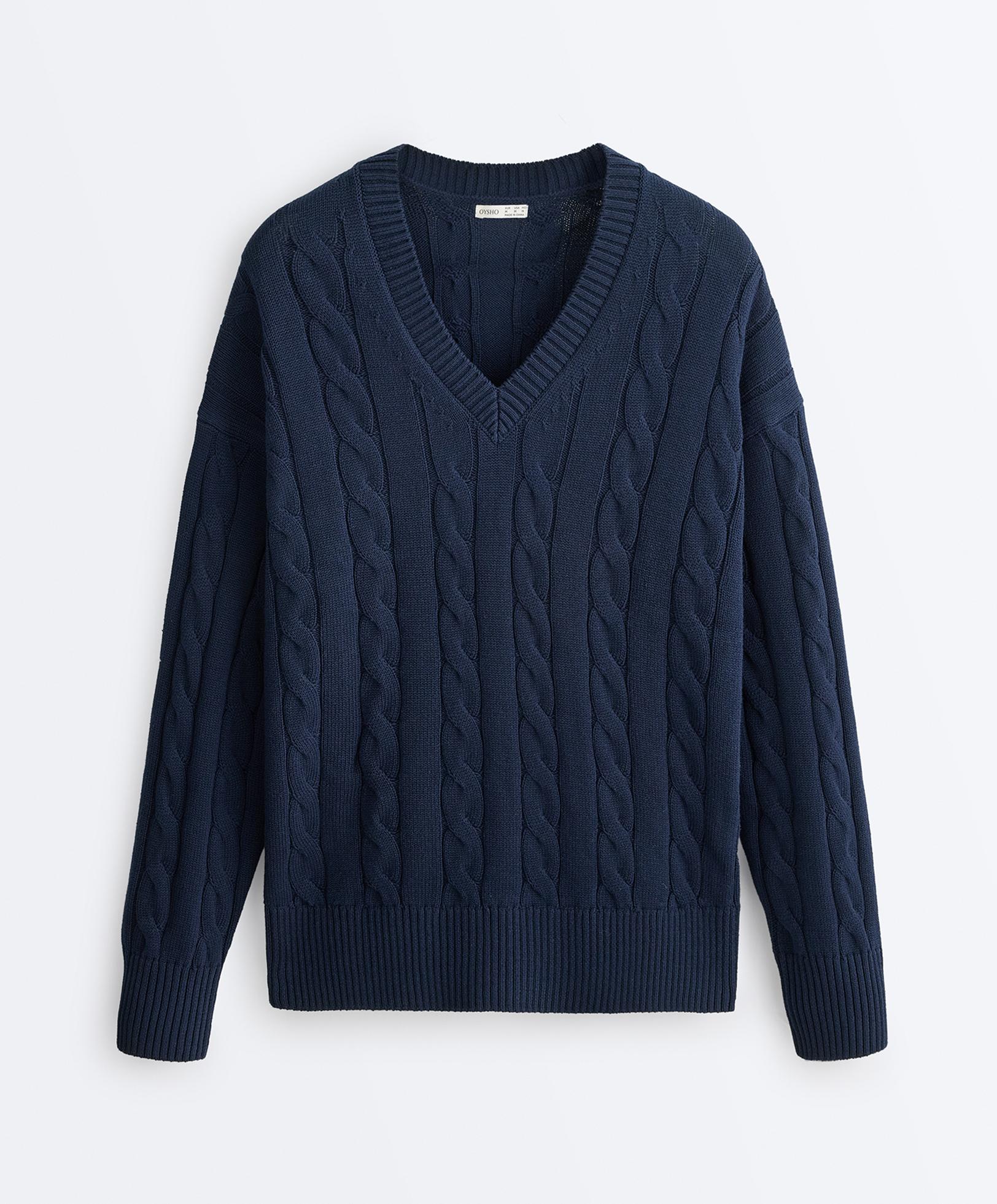 100% cotton cable knit V-neck jumper — NAVY BLUE