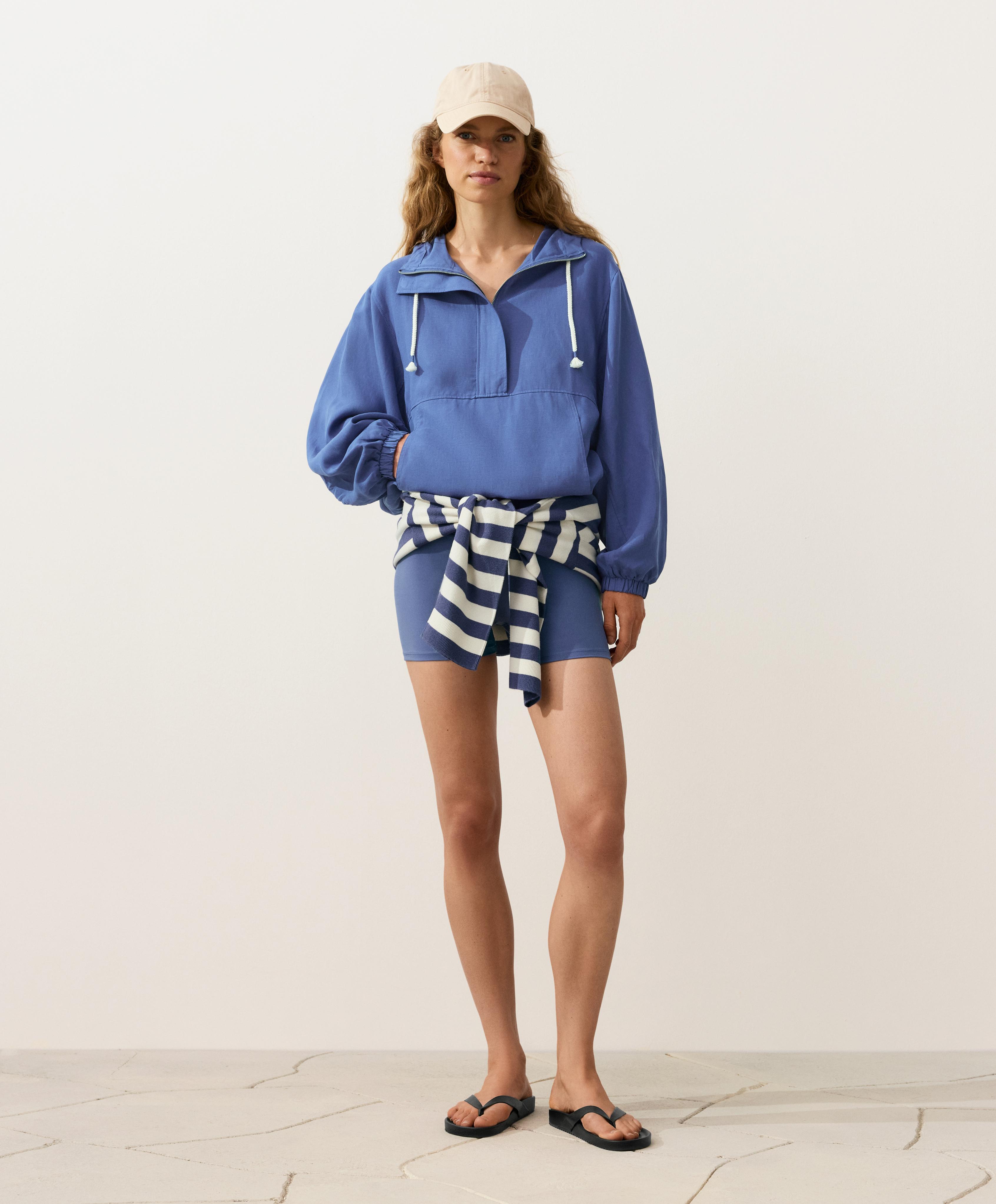 Half-zip sweatshirt with front pocket, lyocell and 24% linen blend — MID-WASHED BLUE