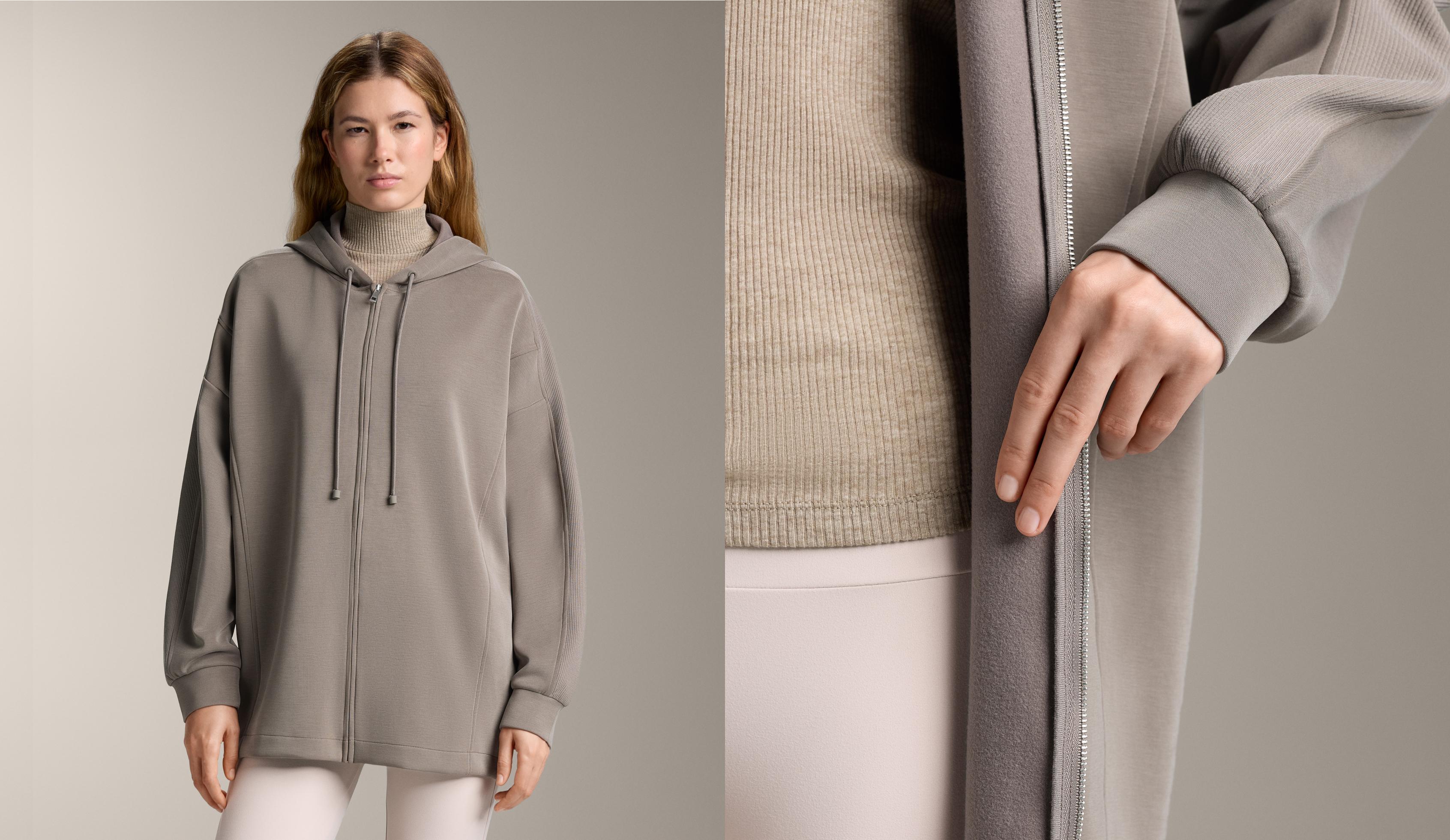 Long hooded jacket with ribbed detail and brushed modal