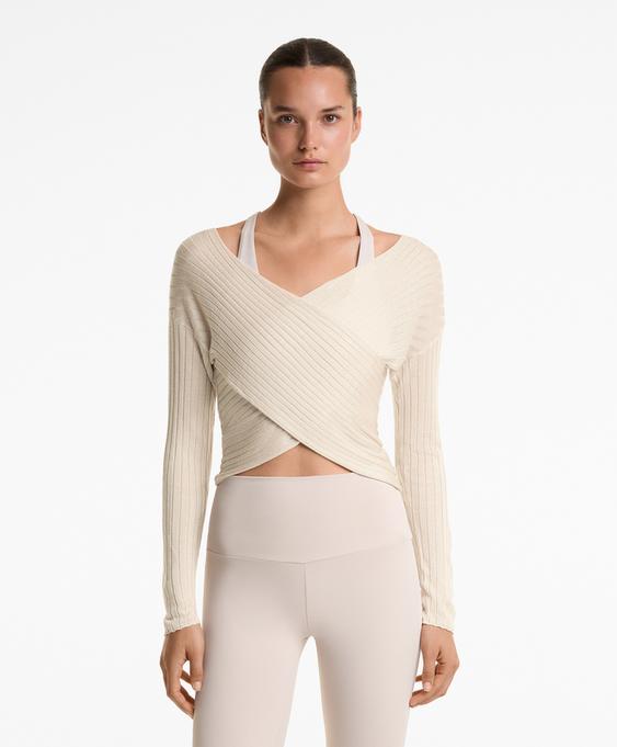 Fine-knit semi-sheer rib crossover jumper