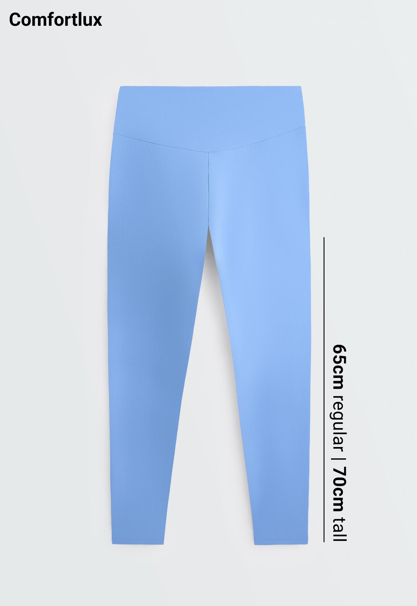 Front view of light blue high-waisted leggings with prominent seams.