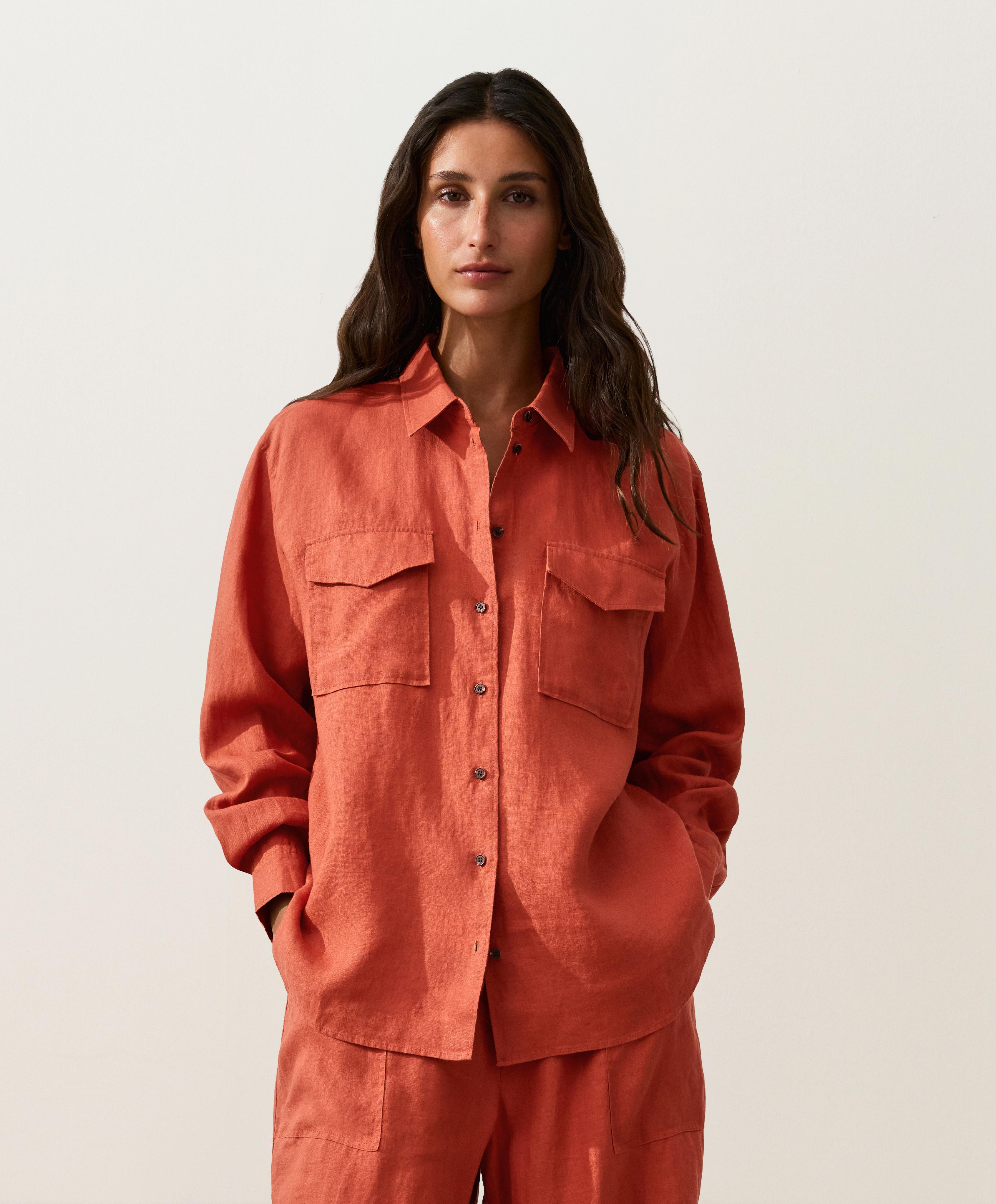 100% linen shirt with pockets — BURNT ORANGE