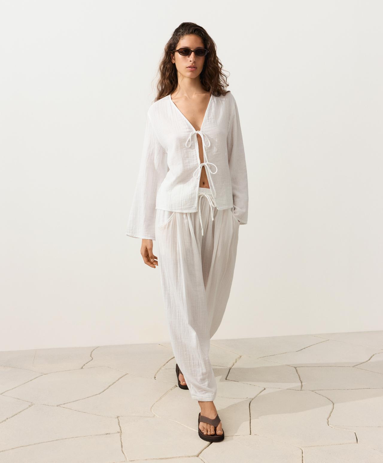 100% cotton gauze long-sleeved tie-front shirt — WHITE 