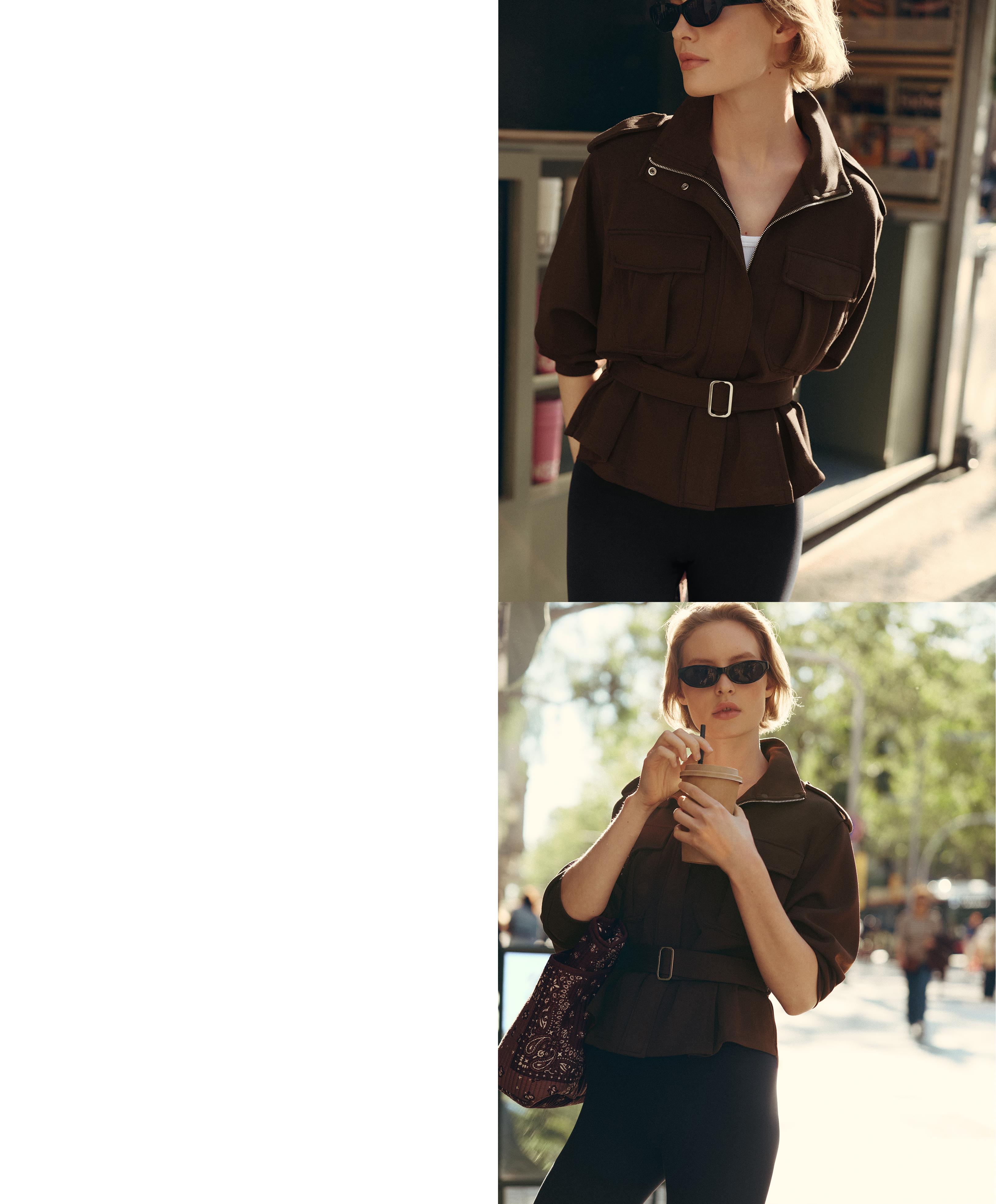 Cropped piqué utility jacket with belt