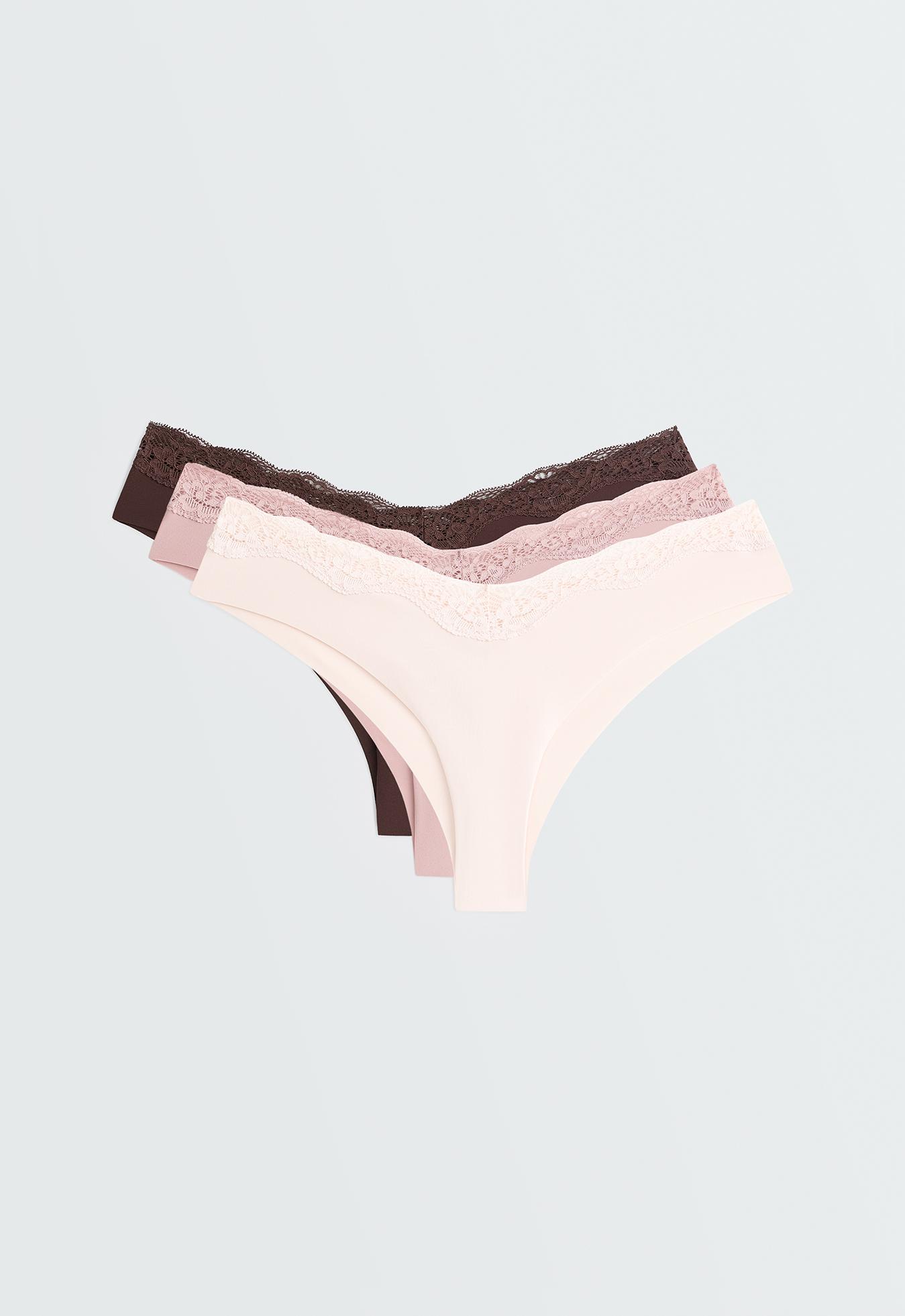 3 laser-cut polyamide blend lace Brazilian briefs — CHOCOLATE