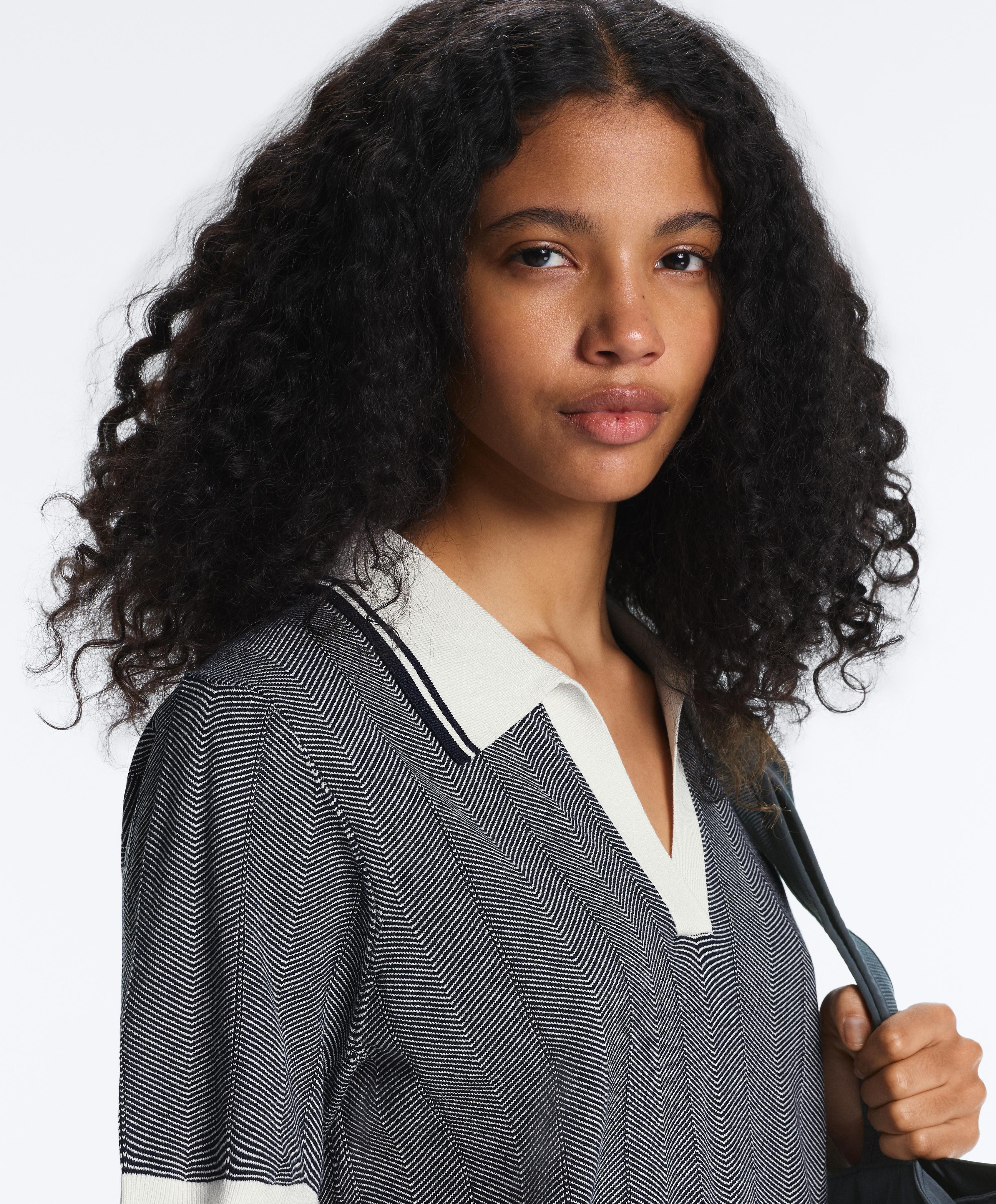 Herringbone short sleeve knit polo shirt — NAVY BLUE
