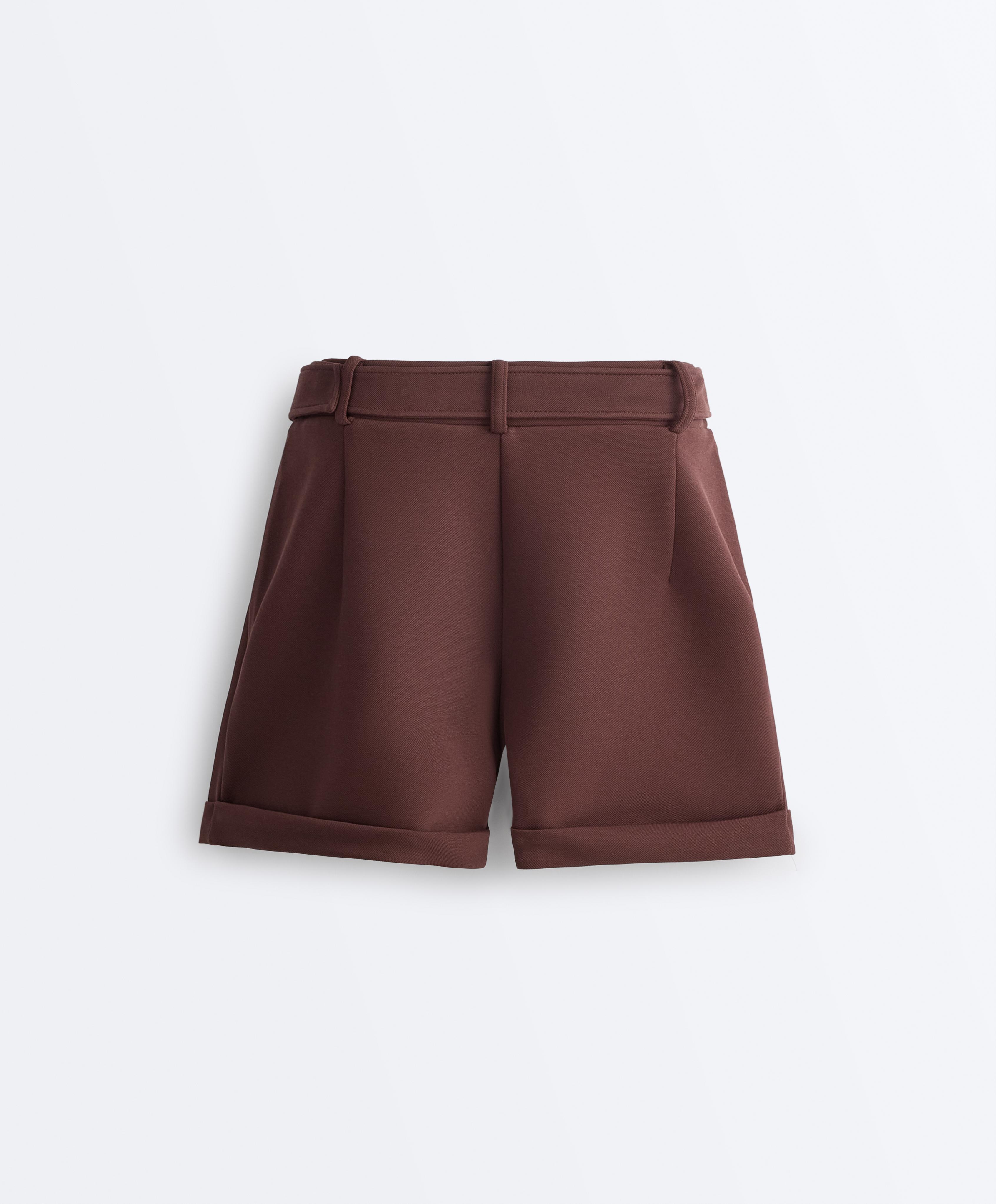 Cotton piqué belted shorts — CHOCOLATE