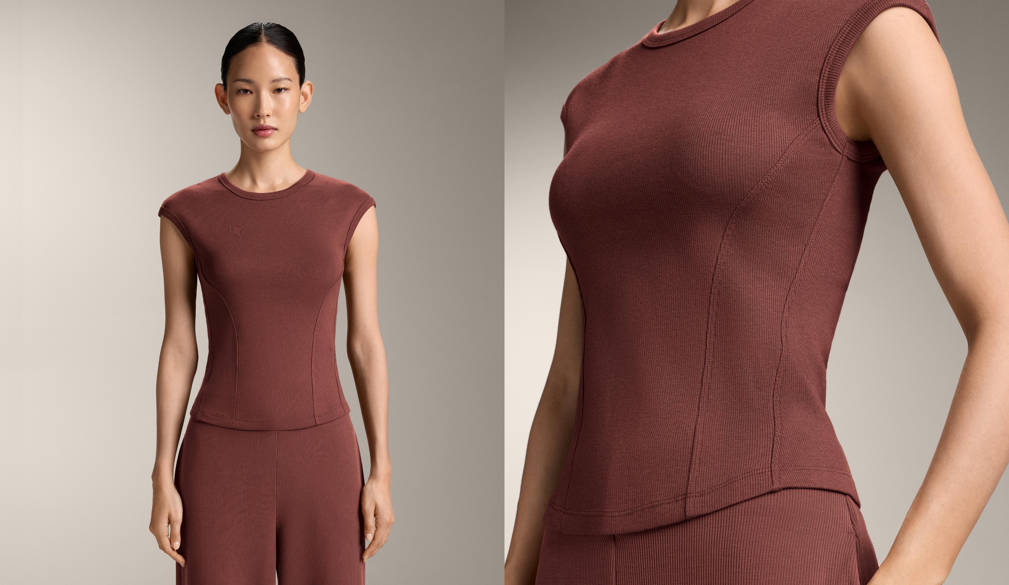 Short-sleeved rib top with cotton and modal — MAHOGANY