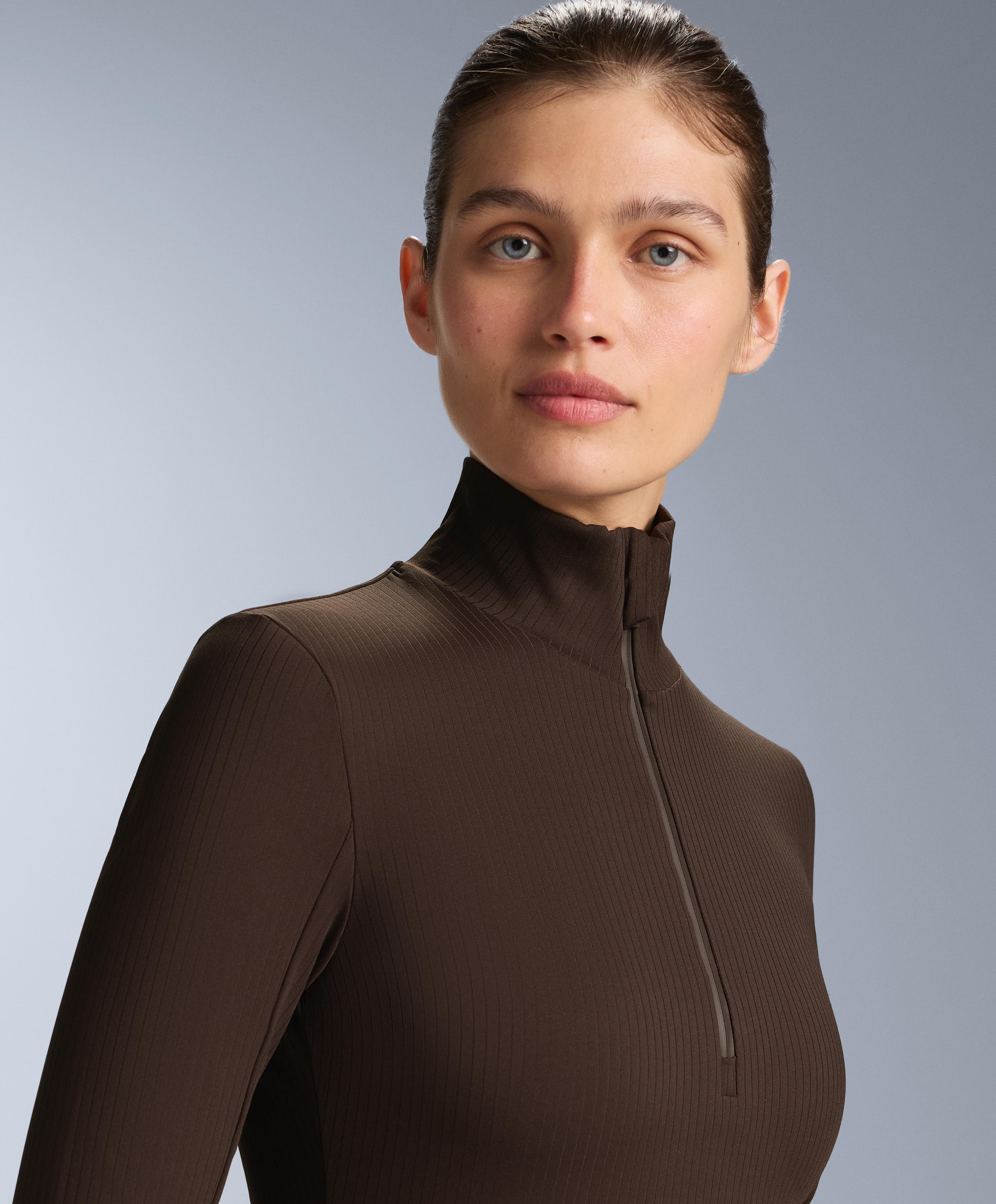 Thermal base layer rib T-shirt — DARK REDDISH‑BROWN
