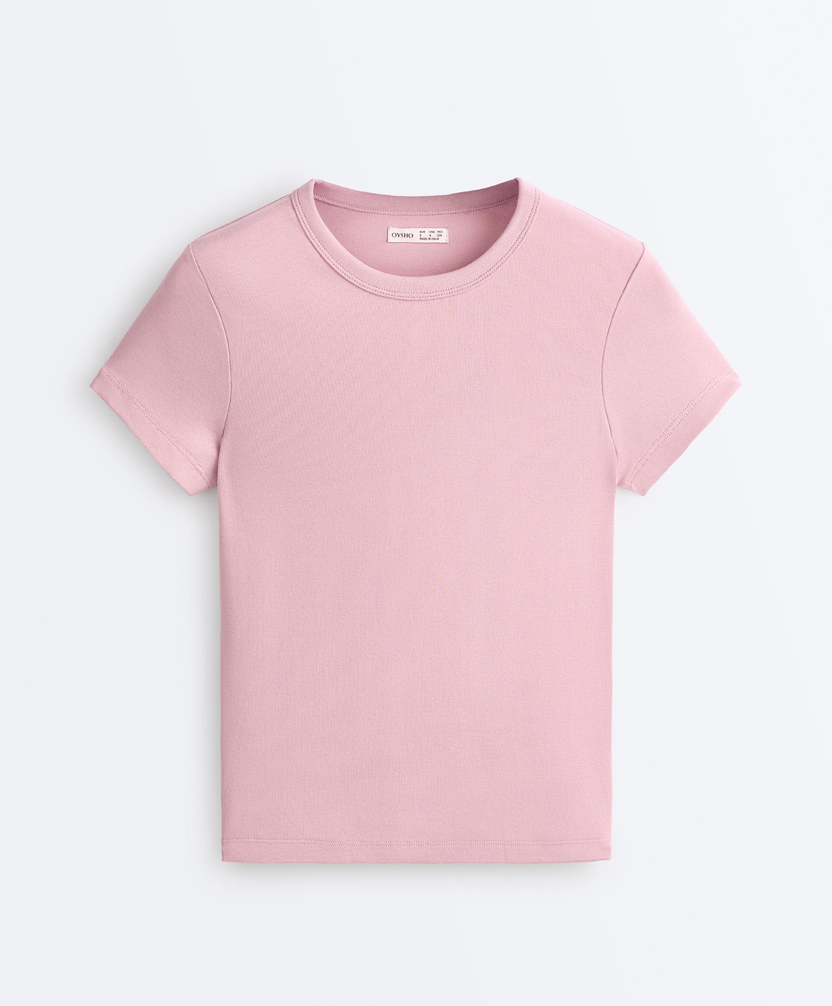 Fitted short sleeve rib T-shirt in cotton blend — PALE PINK
