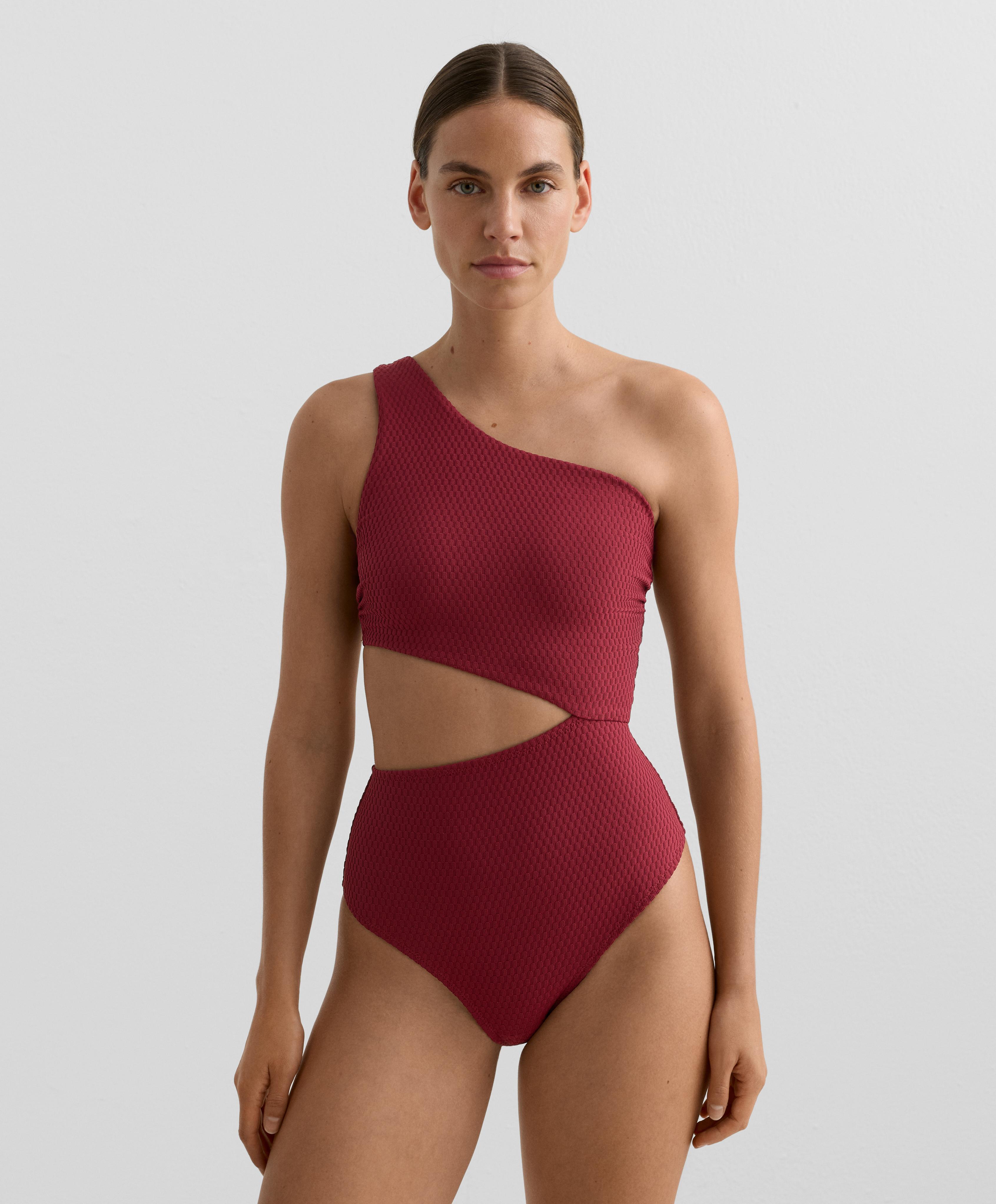Mini check jacquard asymmetric trikini — PALE PLUM