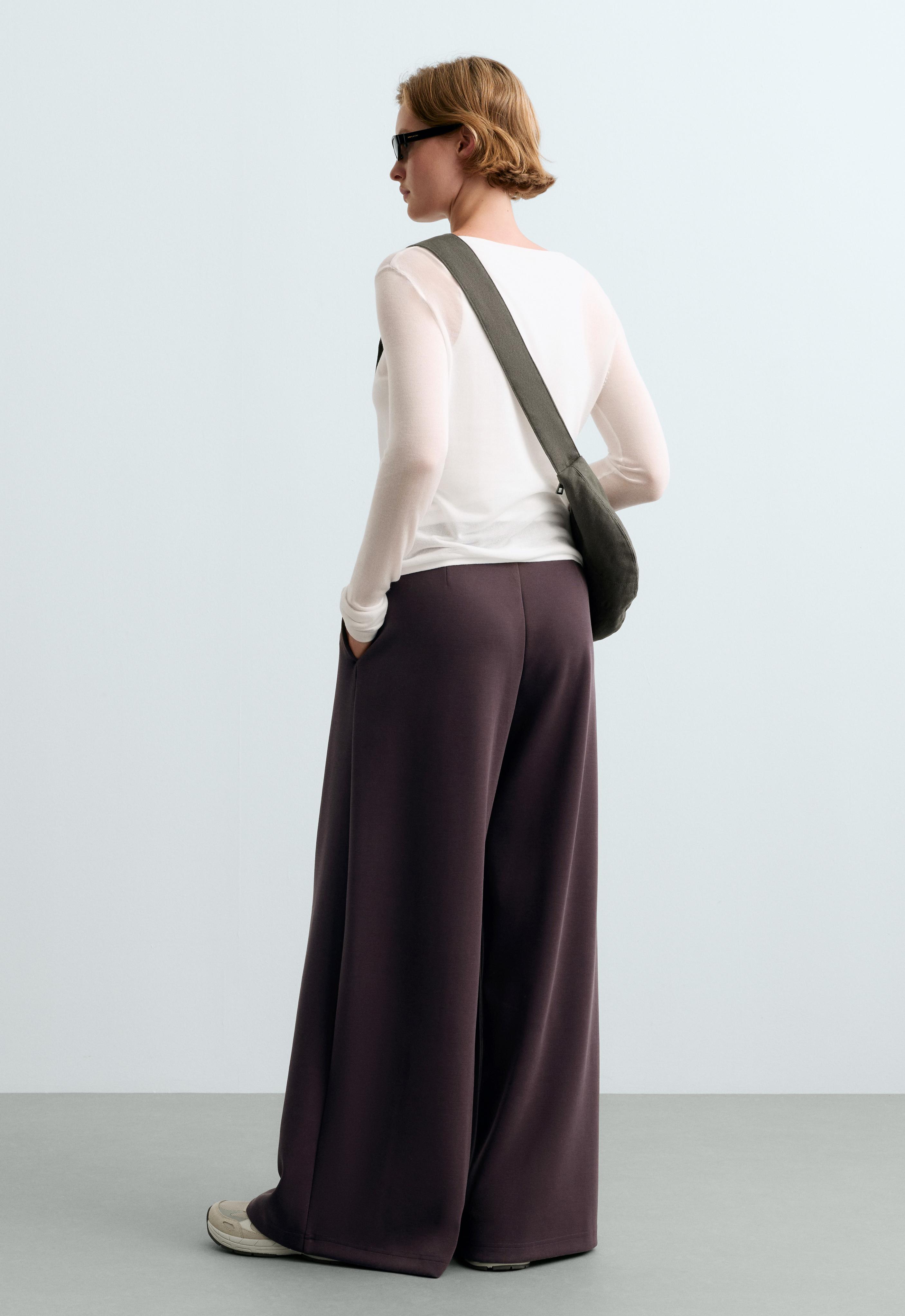 Wide-leg piqué trousers with modal — Purplish brown
