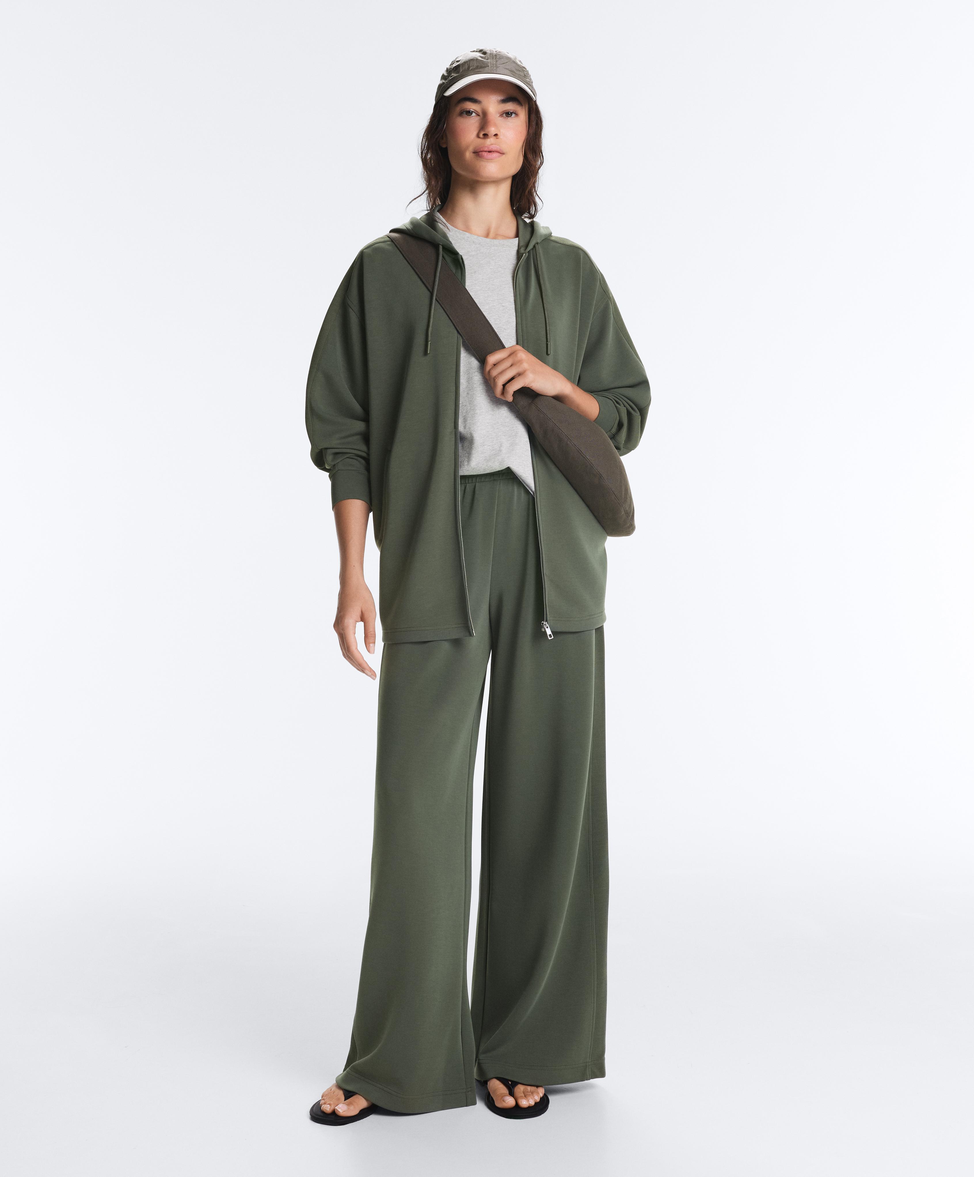 Soft-touch modal wide straight-leg rib trousers — KHAKI