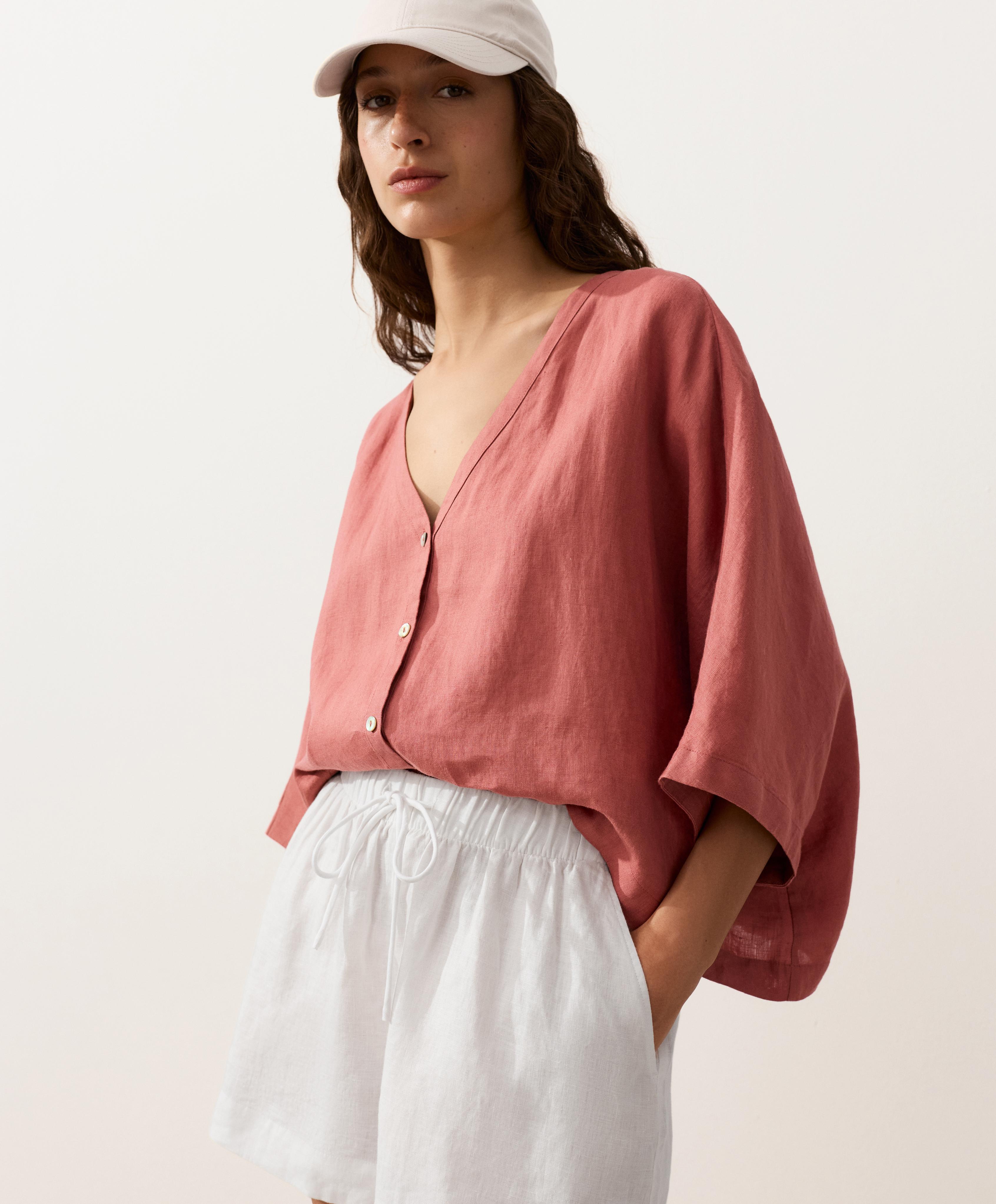 100% linen short-sleeve shirt — CORAL