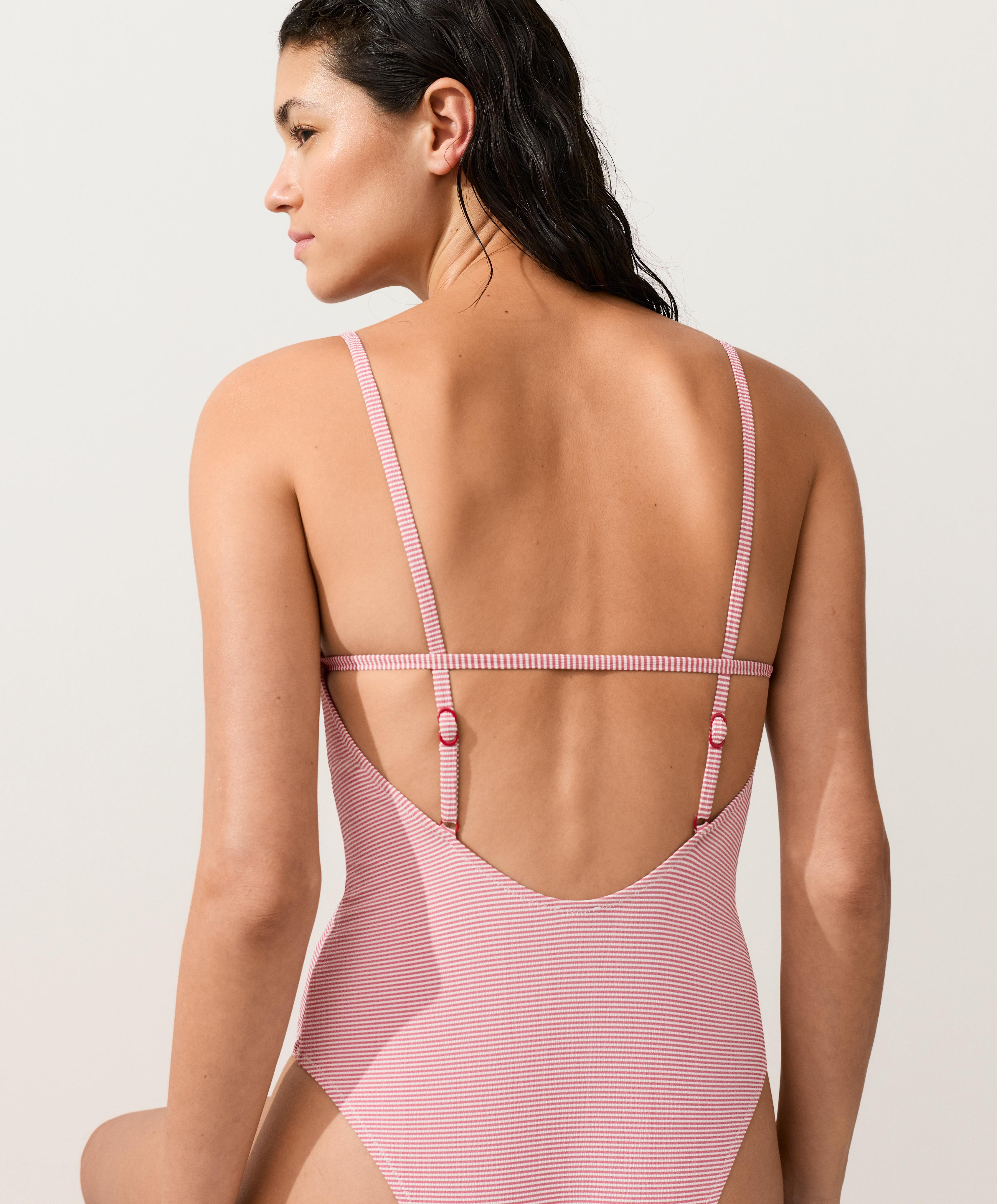 Stripe round neck swimsuit — RED