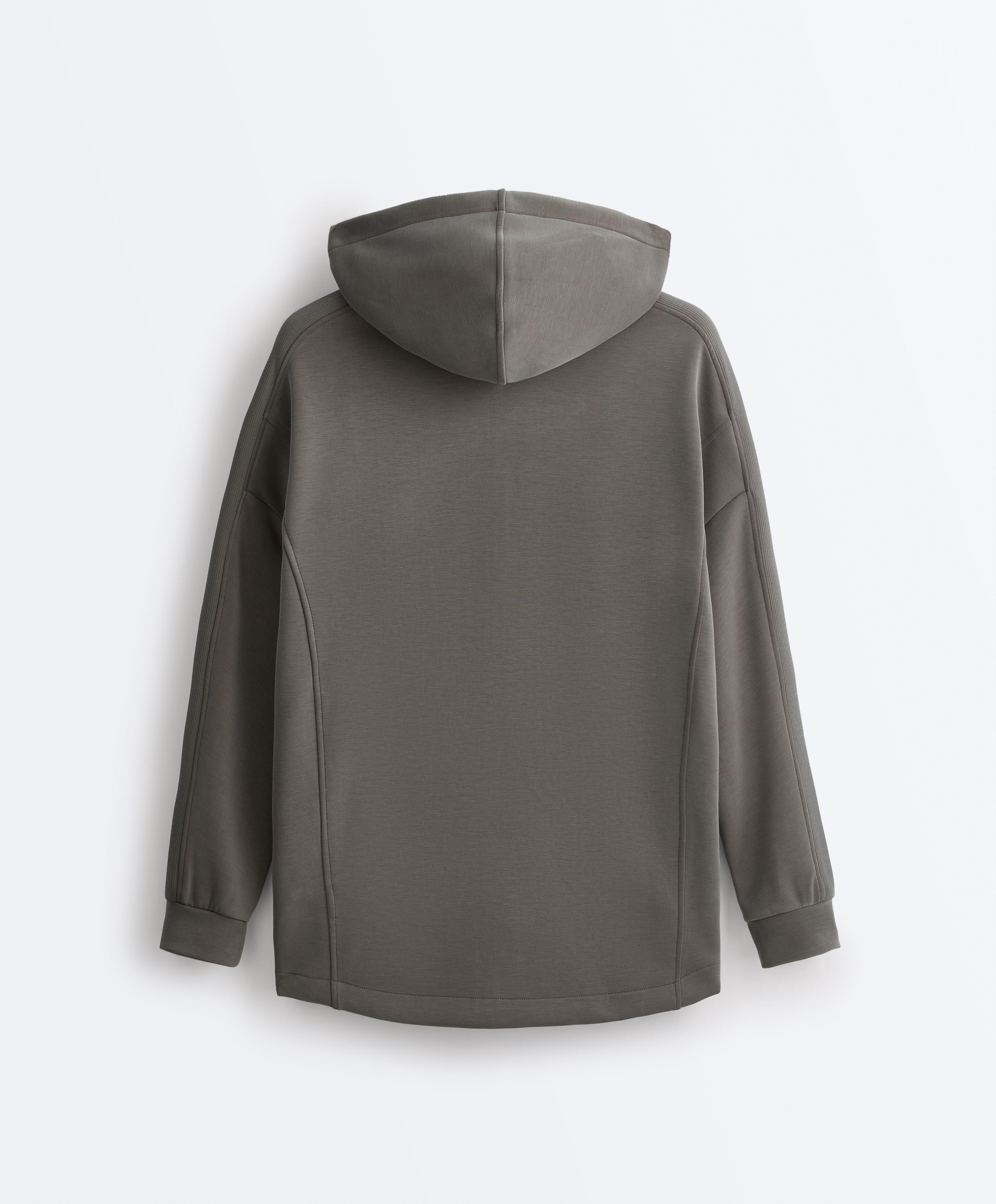 Long hooded jacket with rib details and brushed modal — CHARCOAL GREY