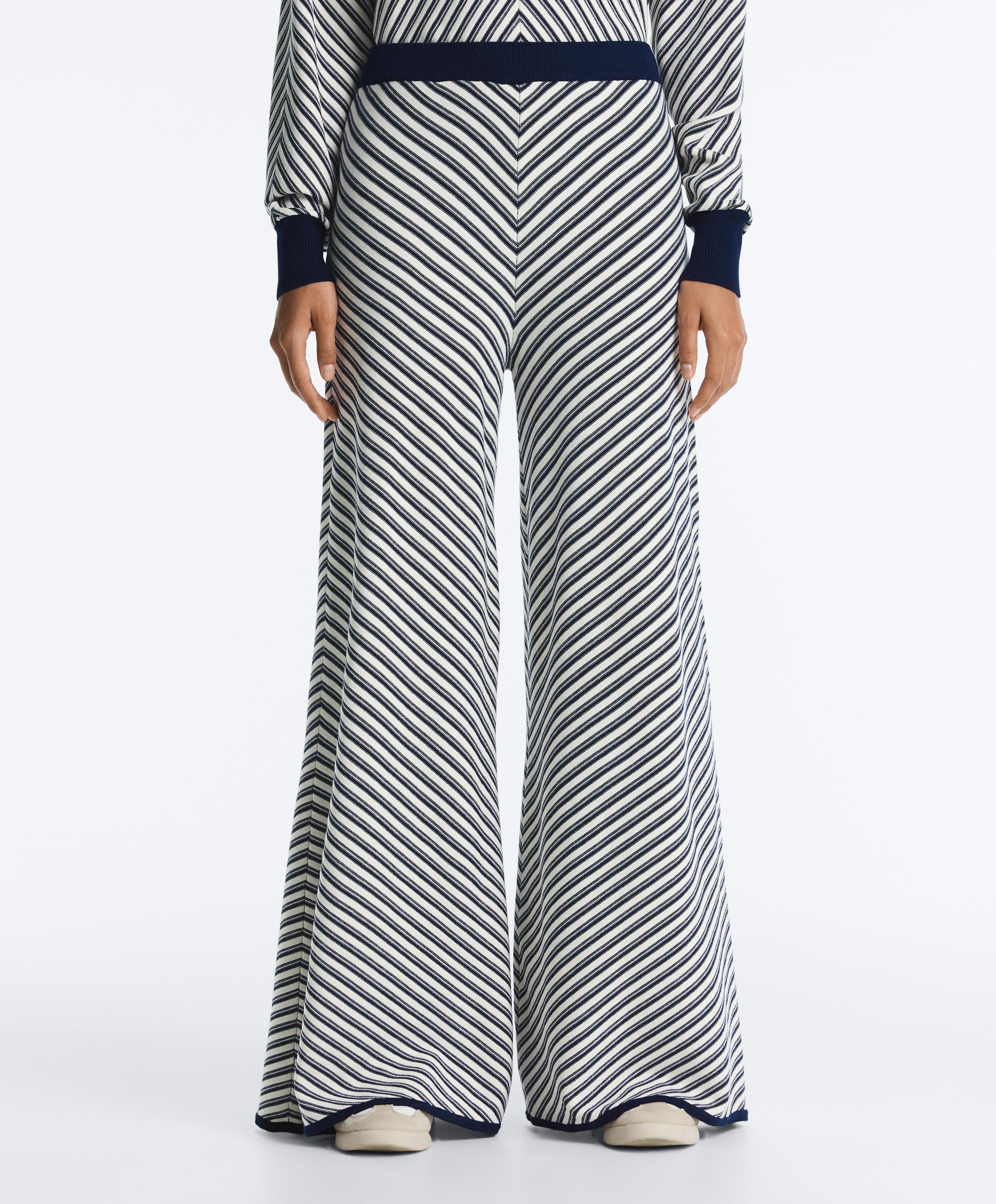 Diagonal stripe wide-leg knit trousers — NAVY BLUE