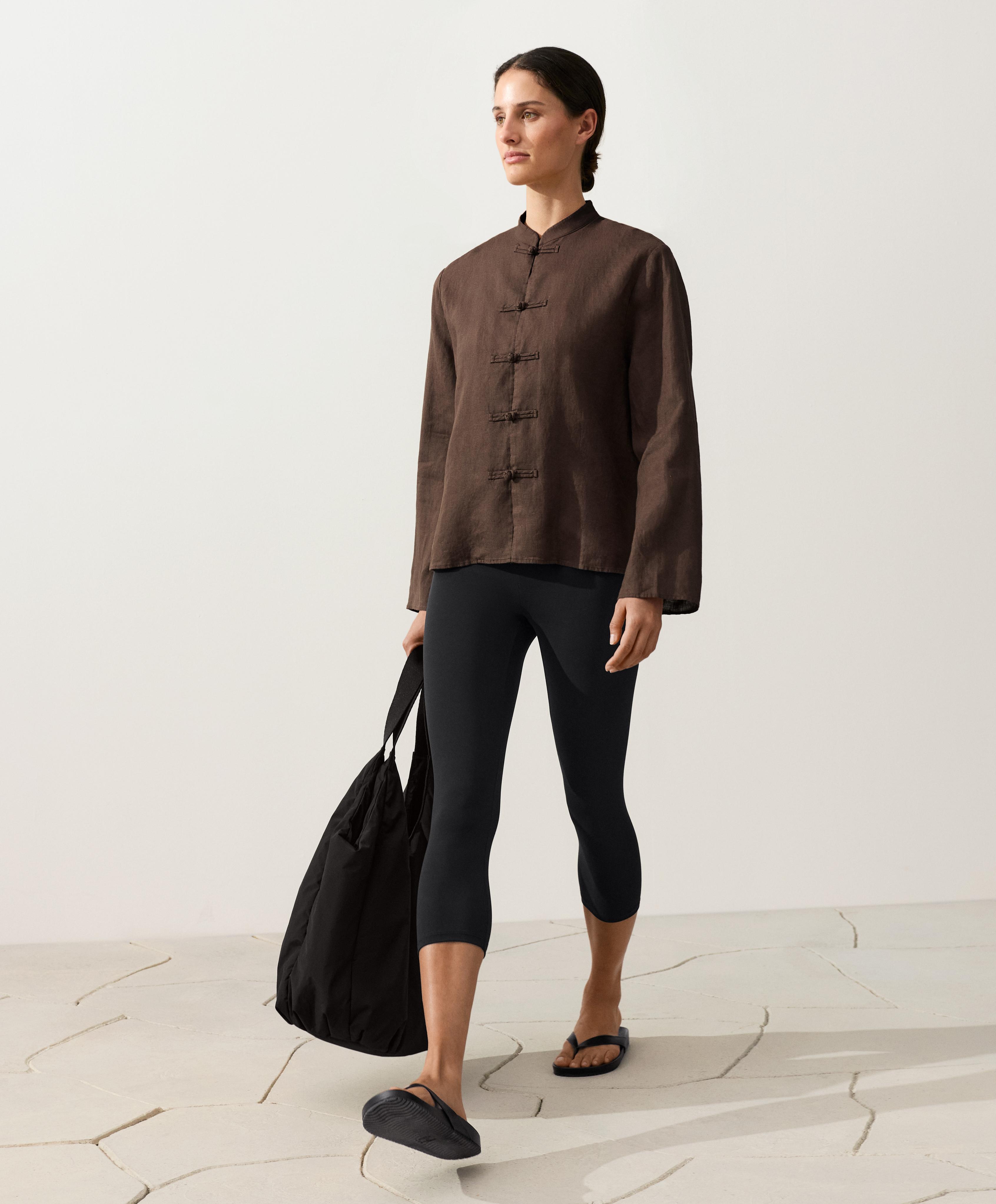 100% linen stand-up collar shirt — DARK BROWN