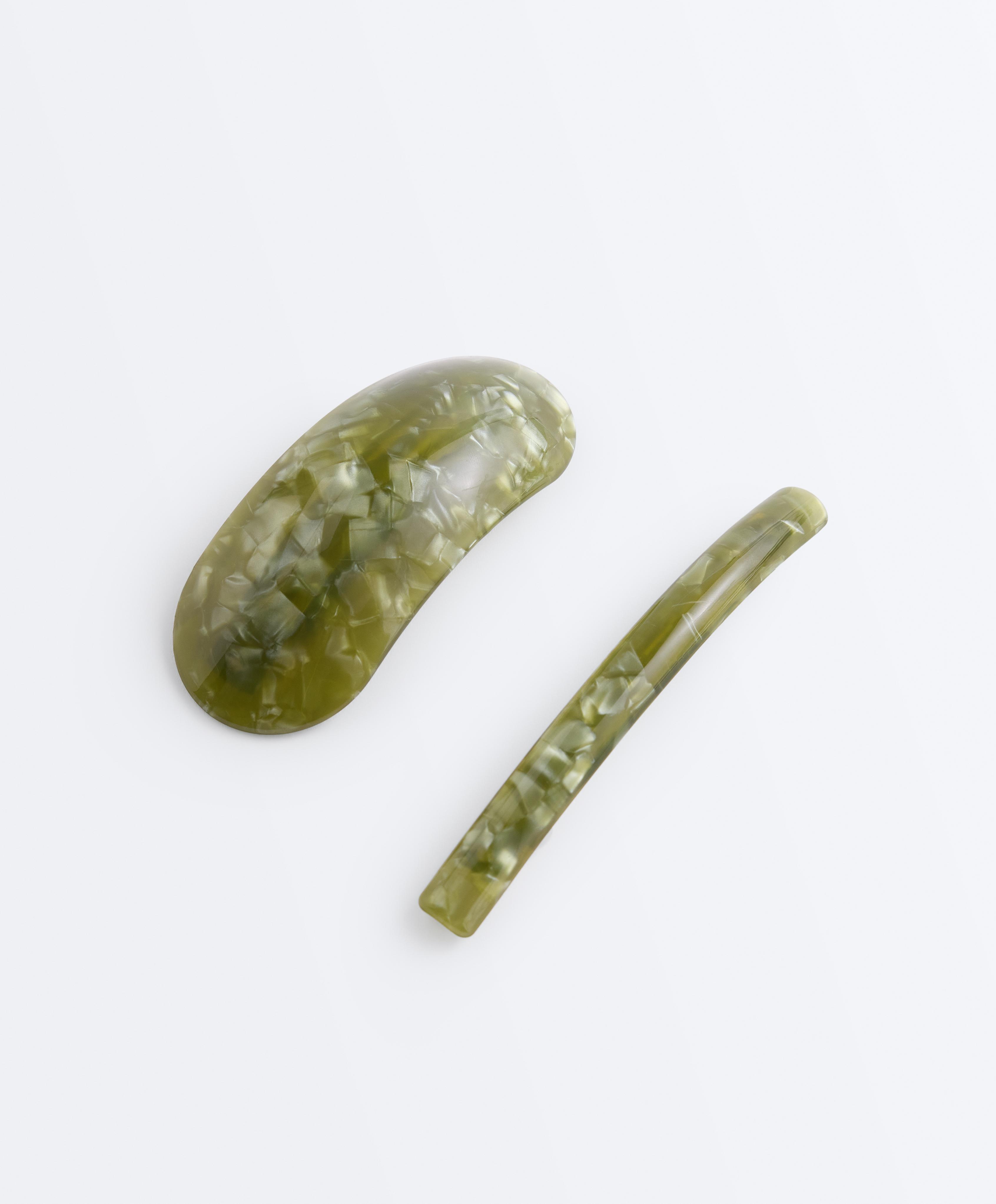 2 faux-tortoiseshell hair slides — KHAKI-GREY
