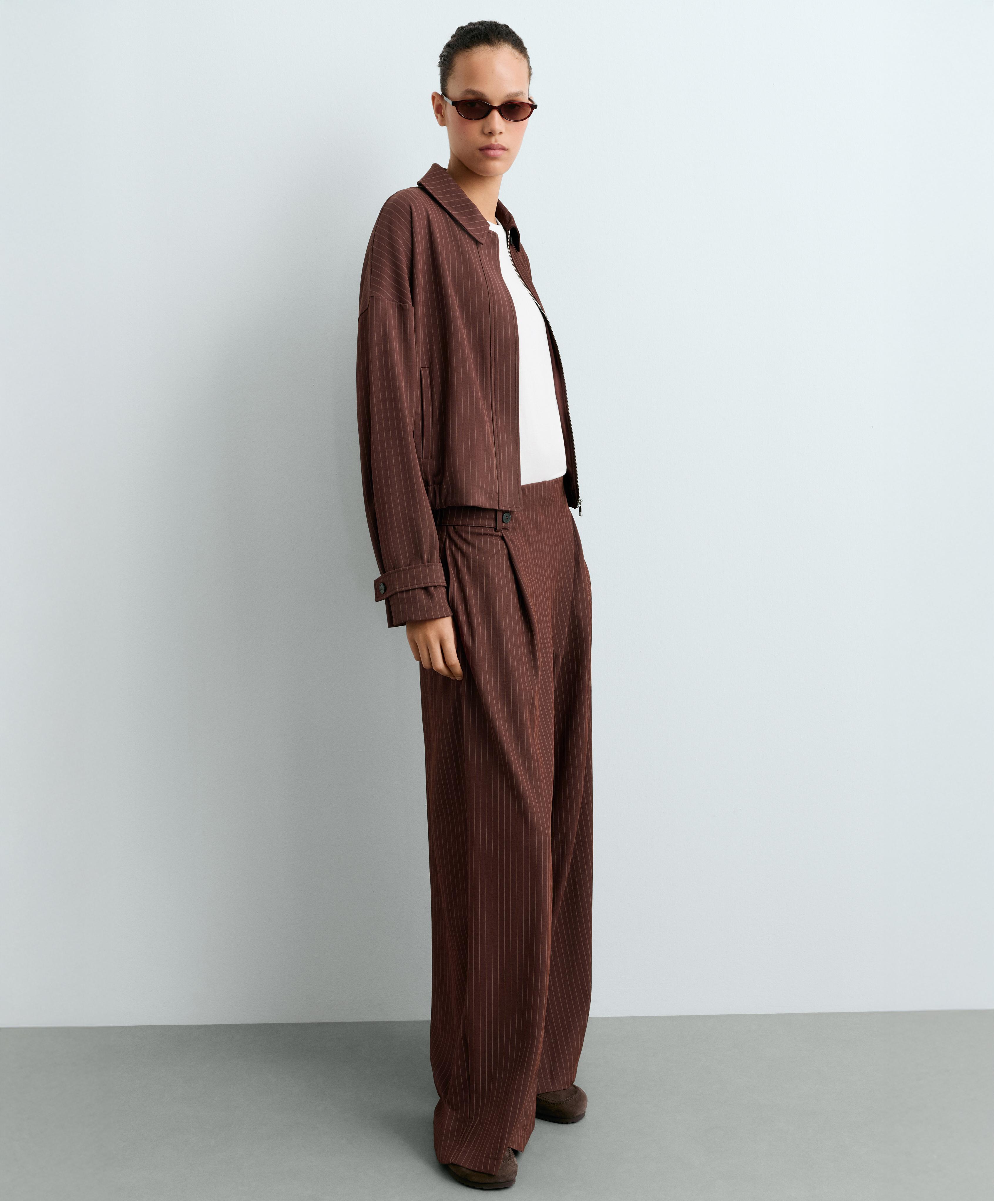 Wide-leg pinstripe piqué cotton crop trousers — CHOCOLATE