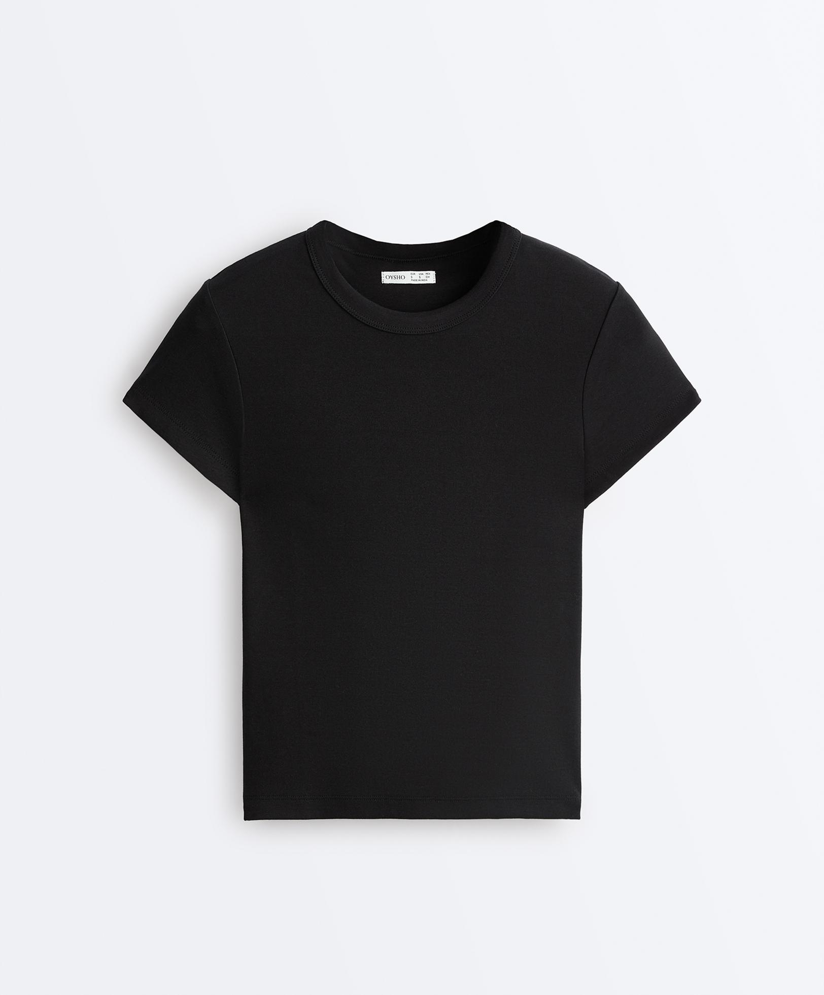 Fitted short sleeve rib T-shirt in cotton blend — BLACK