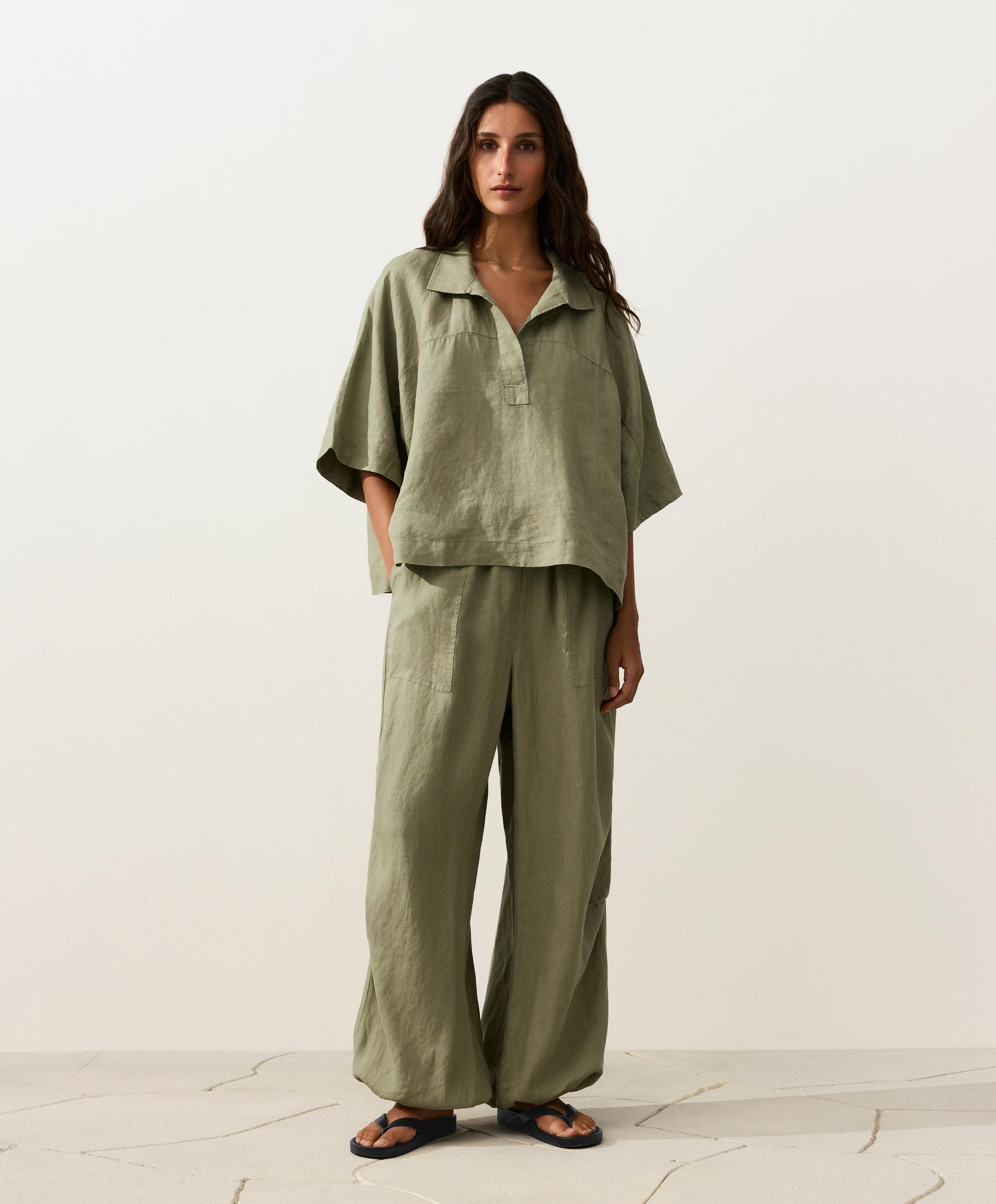 Oversize 100% linen polo shirt — YELLOW GREEN