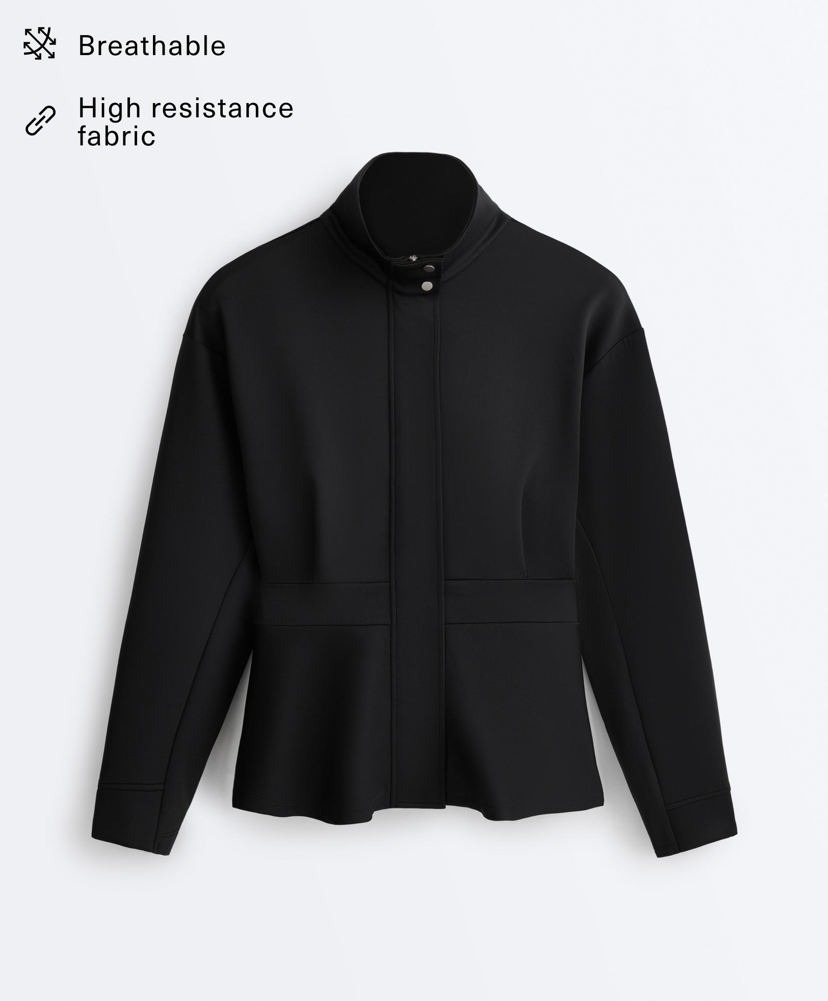 Neoprene-effect peplum jacket — BLACK