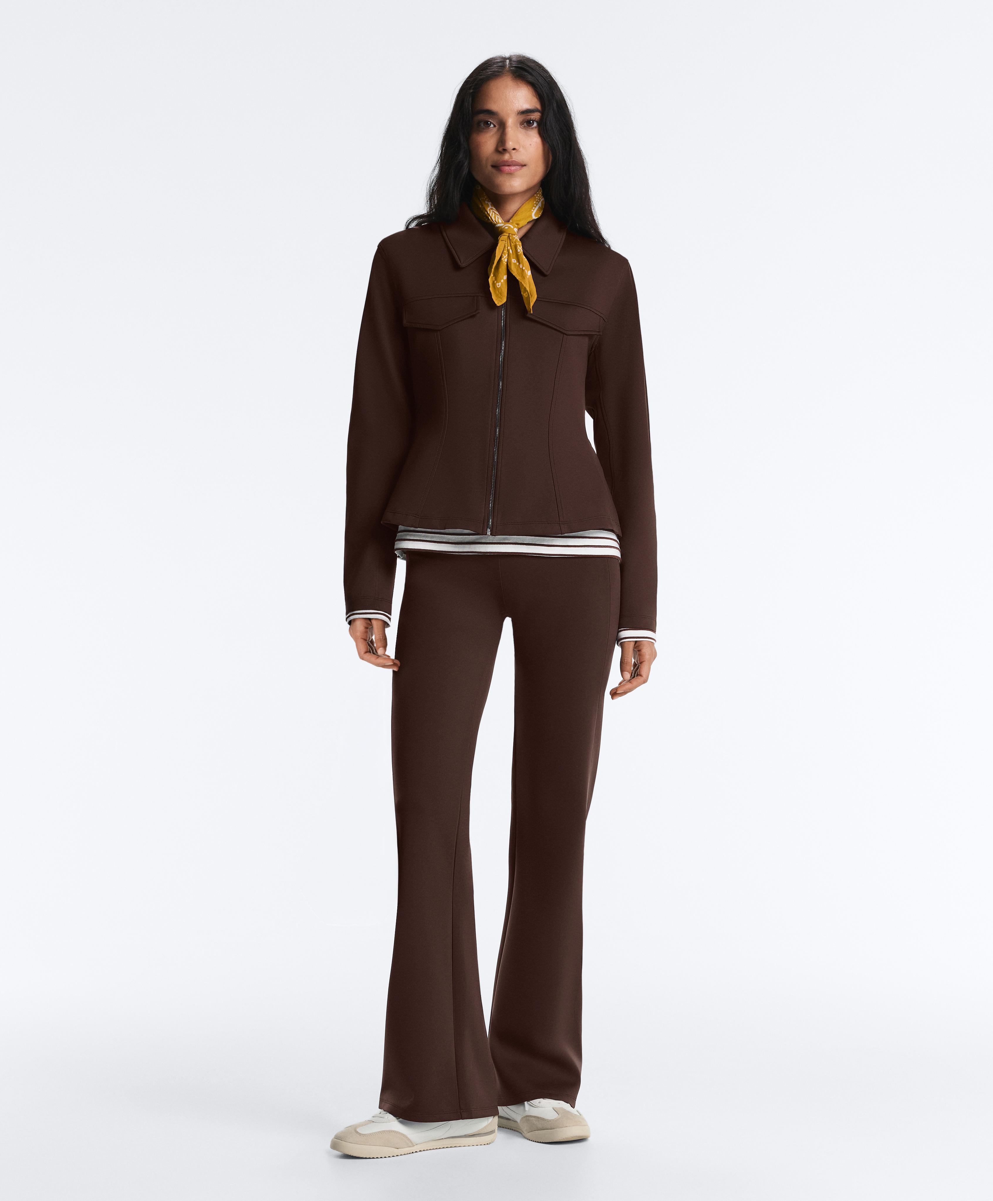 Neoprene-effect peplum jacket with ribbing — BROWN