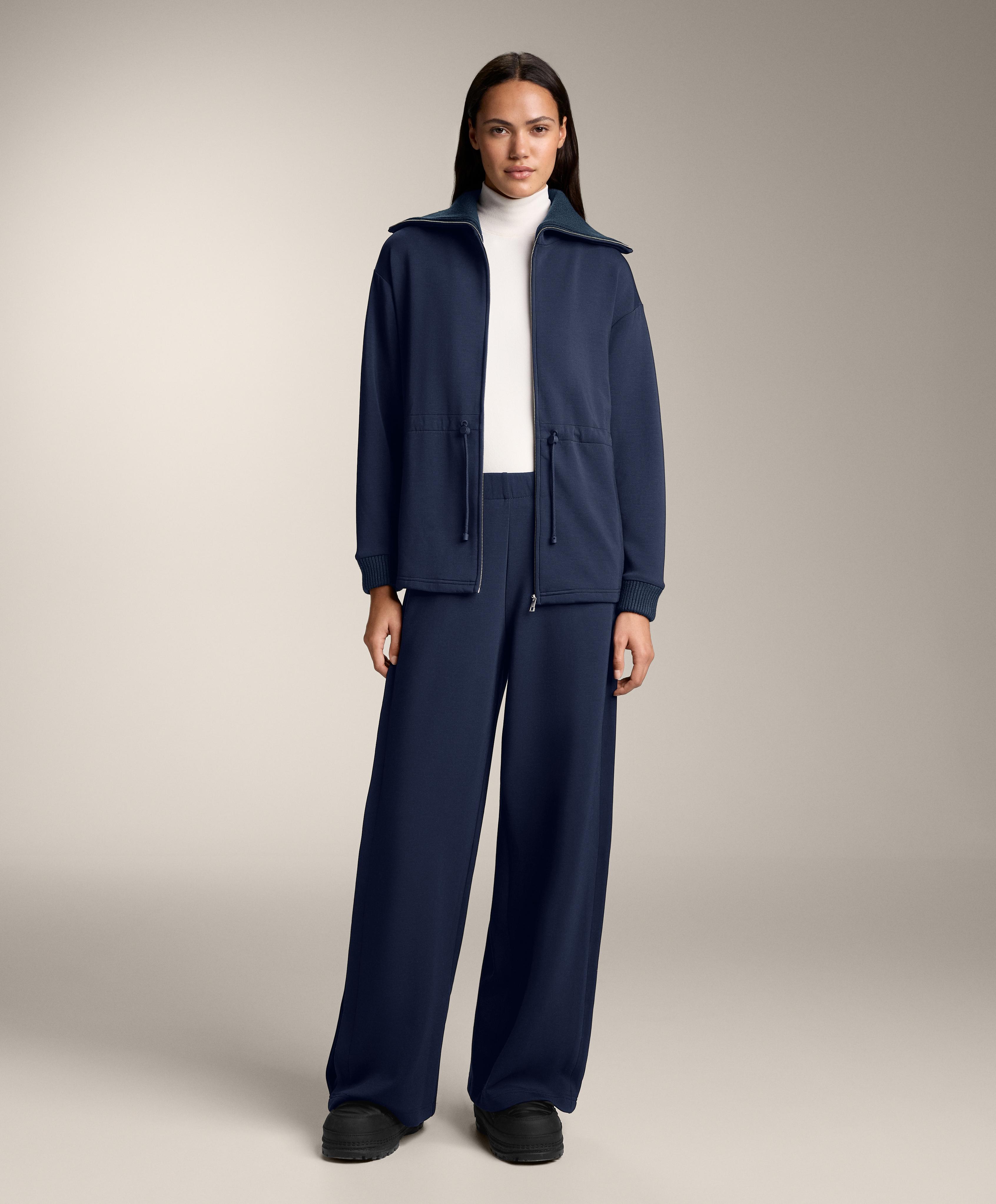 Adjustable waist knit collar jacket with brushed modal — NAVY BLUE