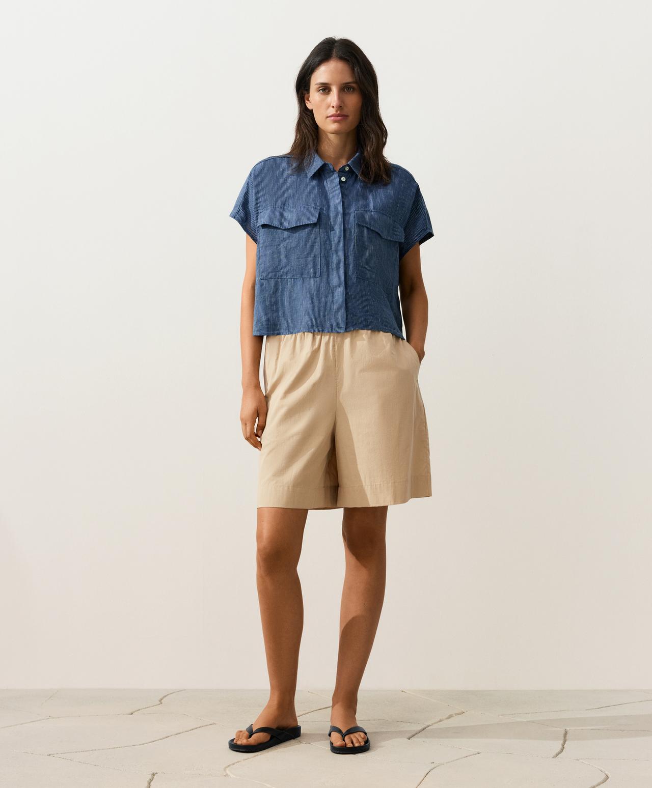 100% linen striped shirt with pockets — BLUE MELANGE